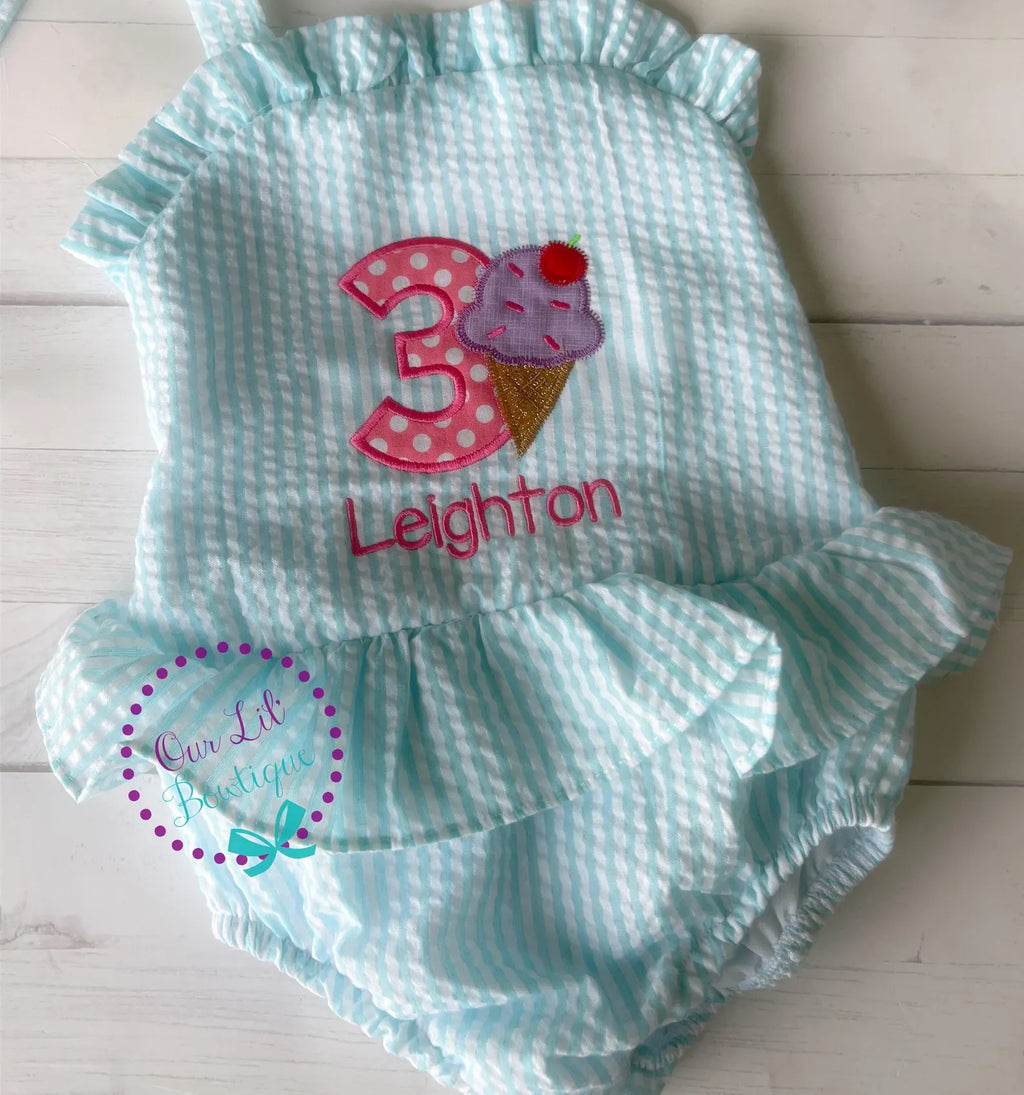 Ice Cream Bathing Suit - Monogrammed Seersucker Bathing Suit - Bathing Suit - Birthday Bathing Suit - Gingham