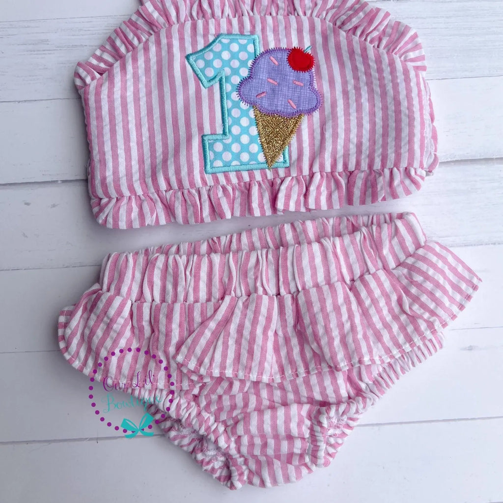 Ice Cream Bathing Suit - Monogrammed Seersucker Bathing Suit - Bathing Suit - Birthday Bathing Suit - Gingham