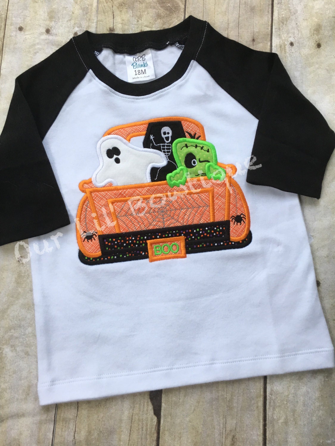 Personalized Halloween Raglan Shirt: Embroidered Ghost Truck Applique