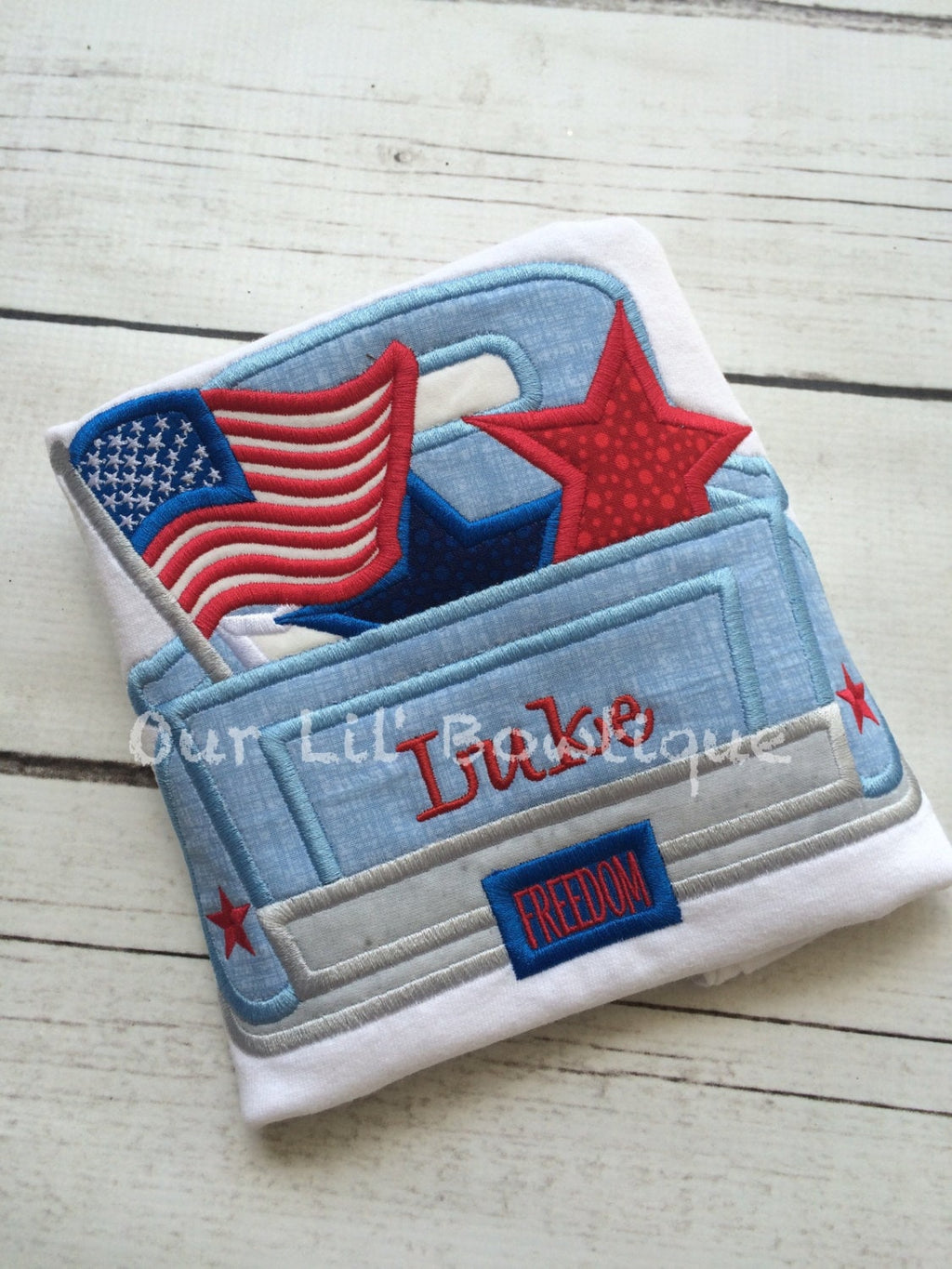 Personalized 4th of July Truck Shirt: Embroidered Patriotic Applique