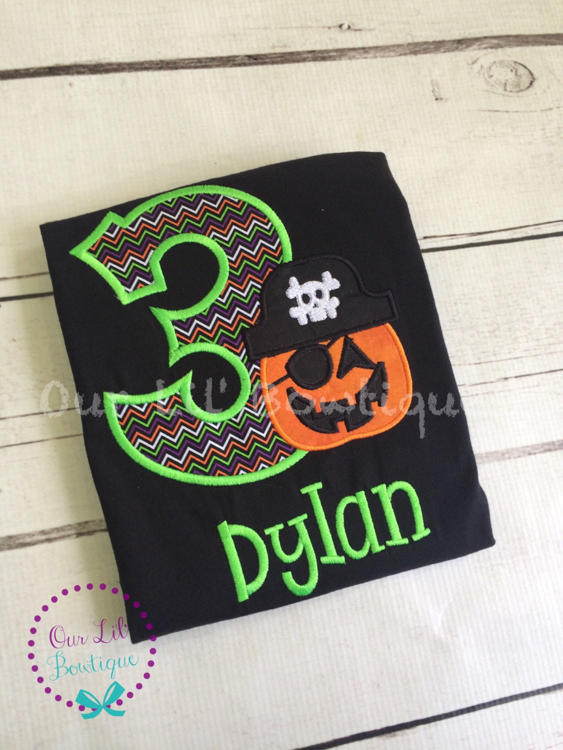Personalized Halloween 1st Birthday Shirt: Pumpkin Pirate Appliqué