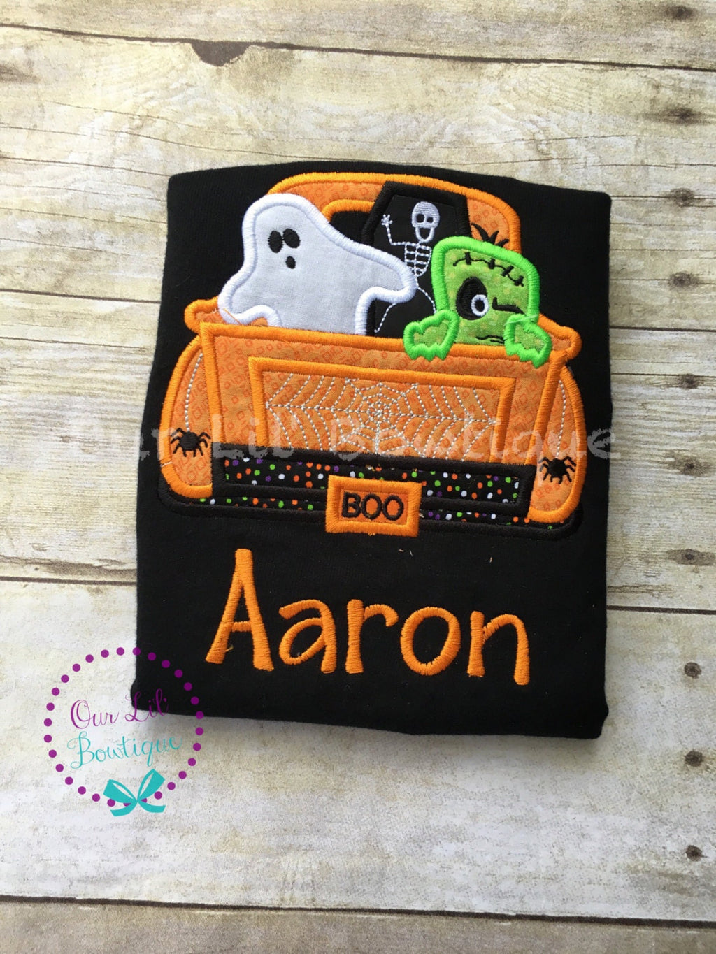 Personalized Halloween Raglan Shirt: Embroidered Ghost Truck Applique