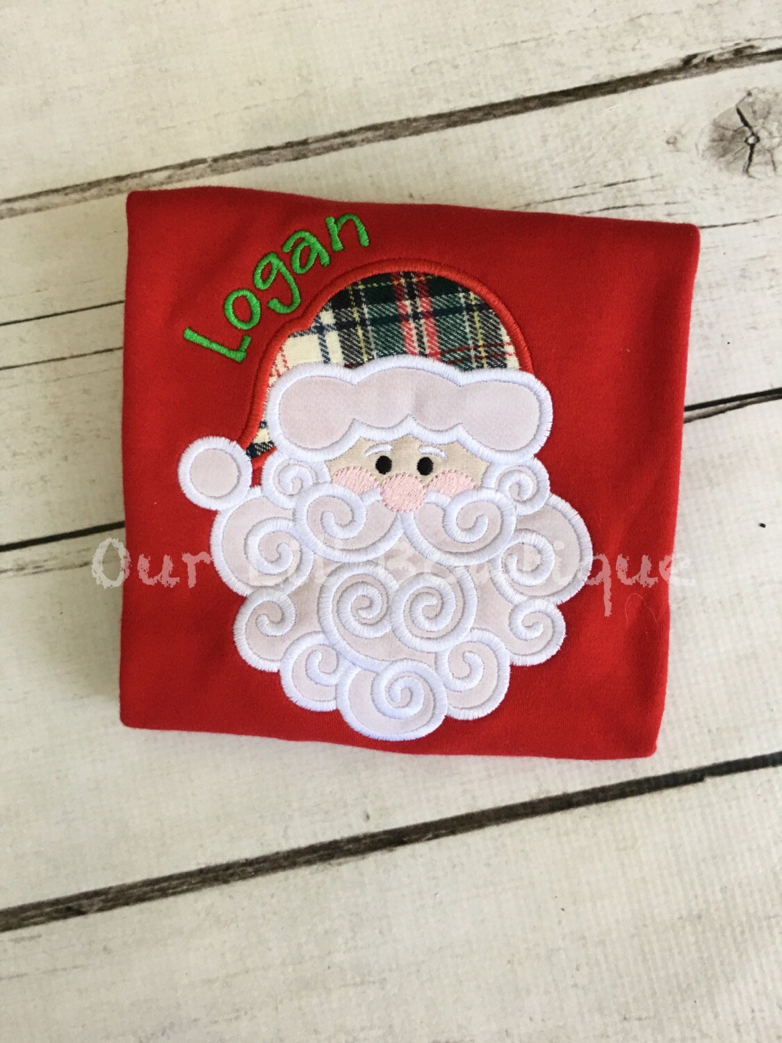 Personalized Santa Applique Christmas Shirt: Plaid Hat