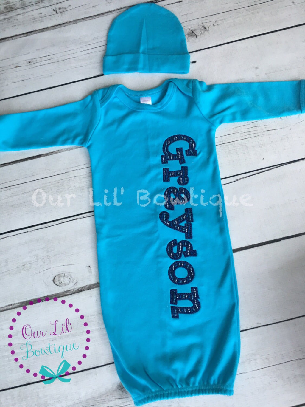 New Baby Gift Set - Personalized Gown, Hat and Burp Cloth, Newborn Gown, Going Home Outfit, Baby Shower Gift - Boy Gift Set - Turquoise Gown