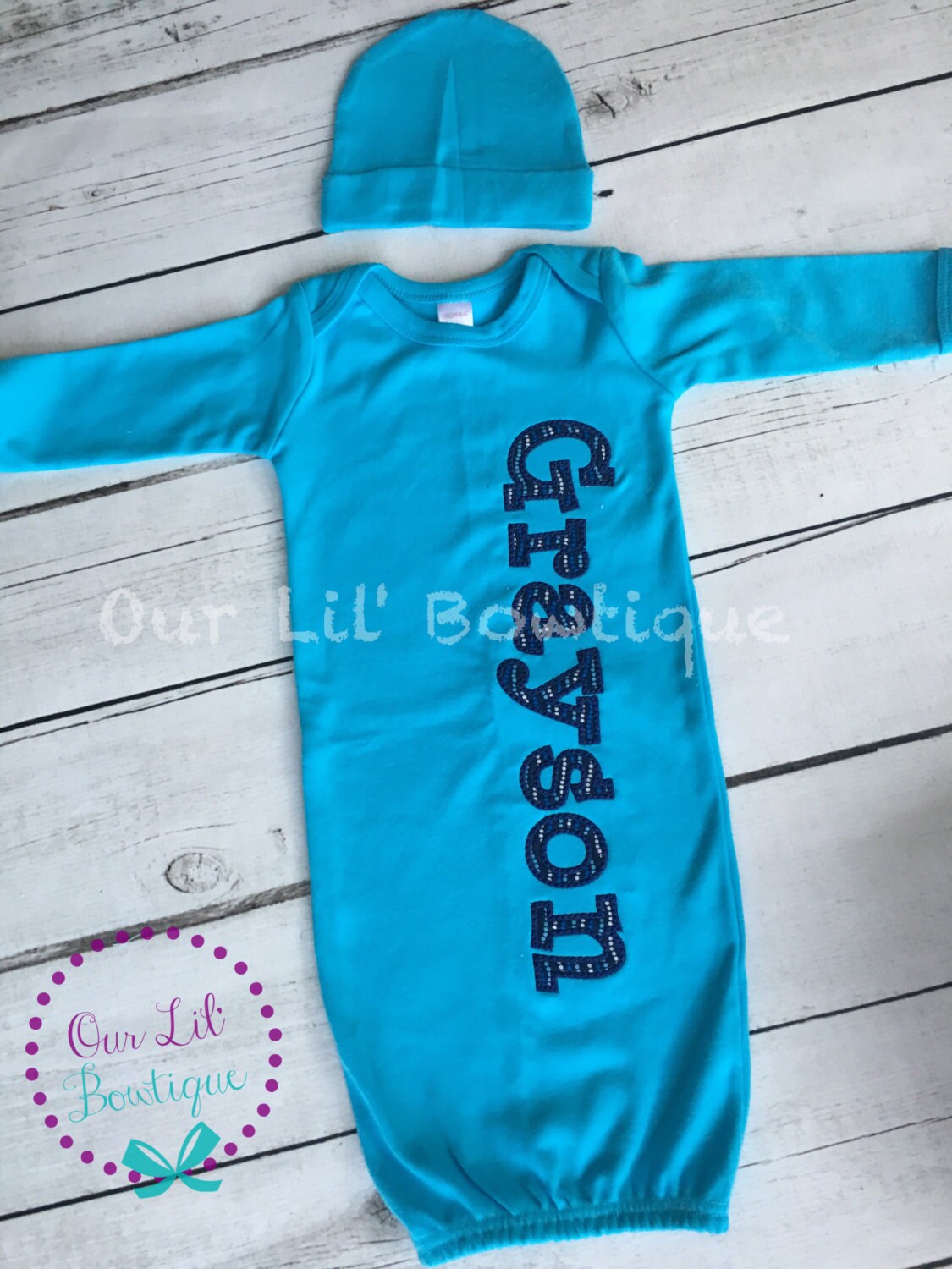 New Baby Gift Set - Personalized Gown, Hat and Burp Cloth, Newborn Gown, Going Home Outfit, Baby Shower Gift - Boy Gift Set - Turquoise Gown