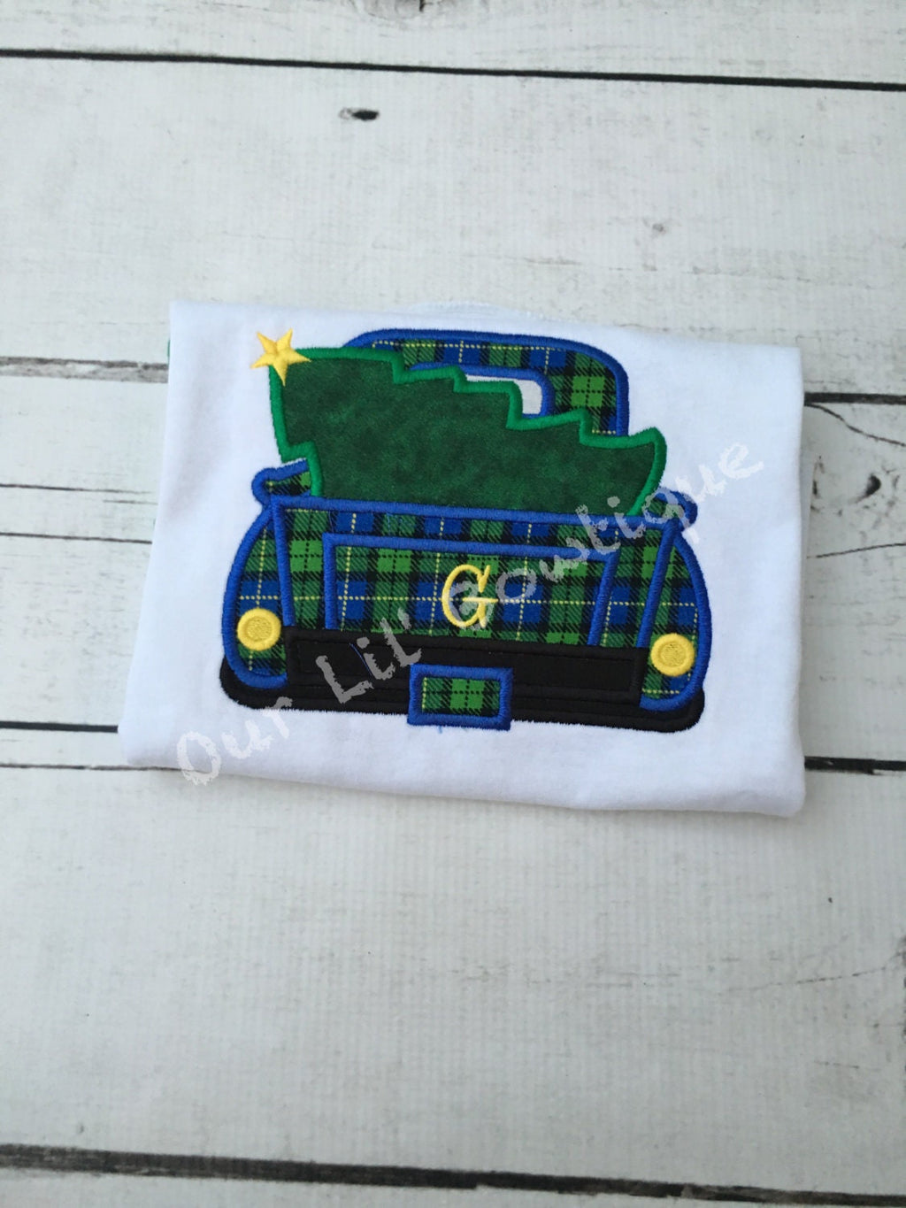 Personalized Christmas Tree Truck Appliqué Shirt - Green Raglan