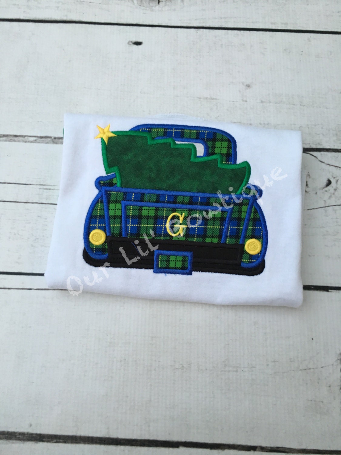 Personalized Christmas Tree Truck Appliqué Shirt - Green Raglan