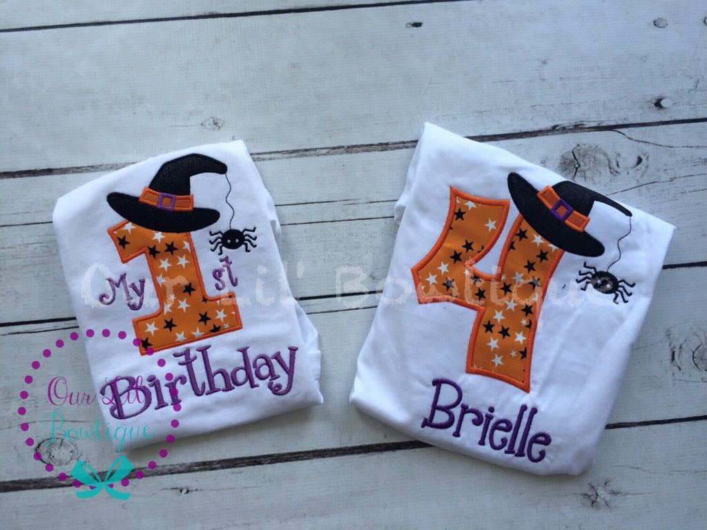 Personalized 1st Birthday Halloween Shirt: Witch Hat, Spider Appliqué