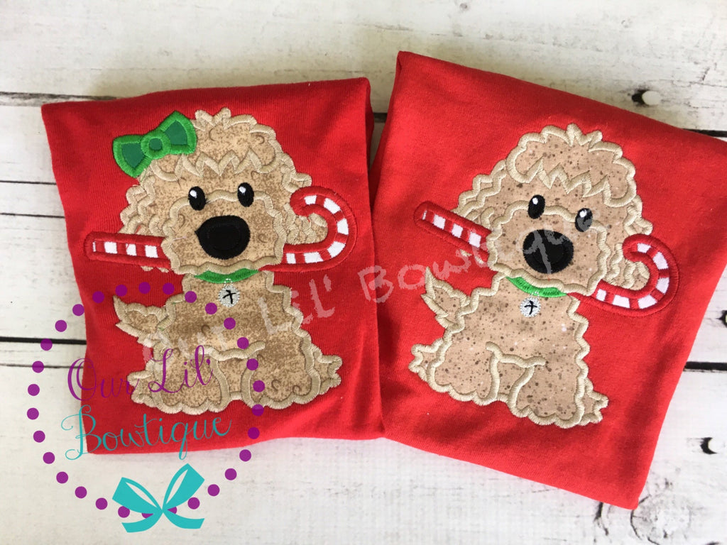 Candy Cane Dog Christmas Shirt: Appliqué Red Cotton Tee