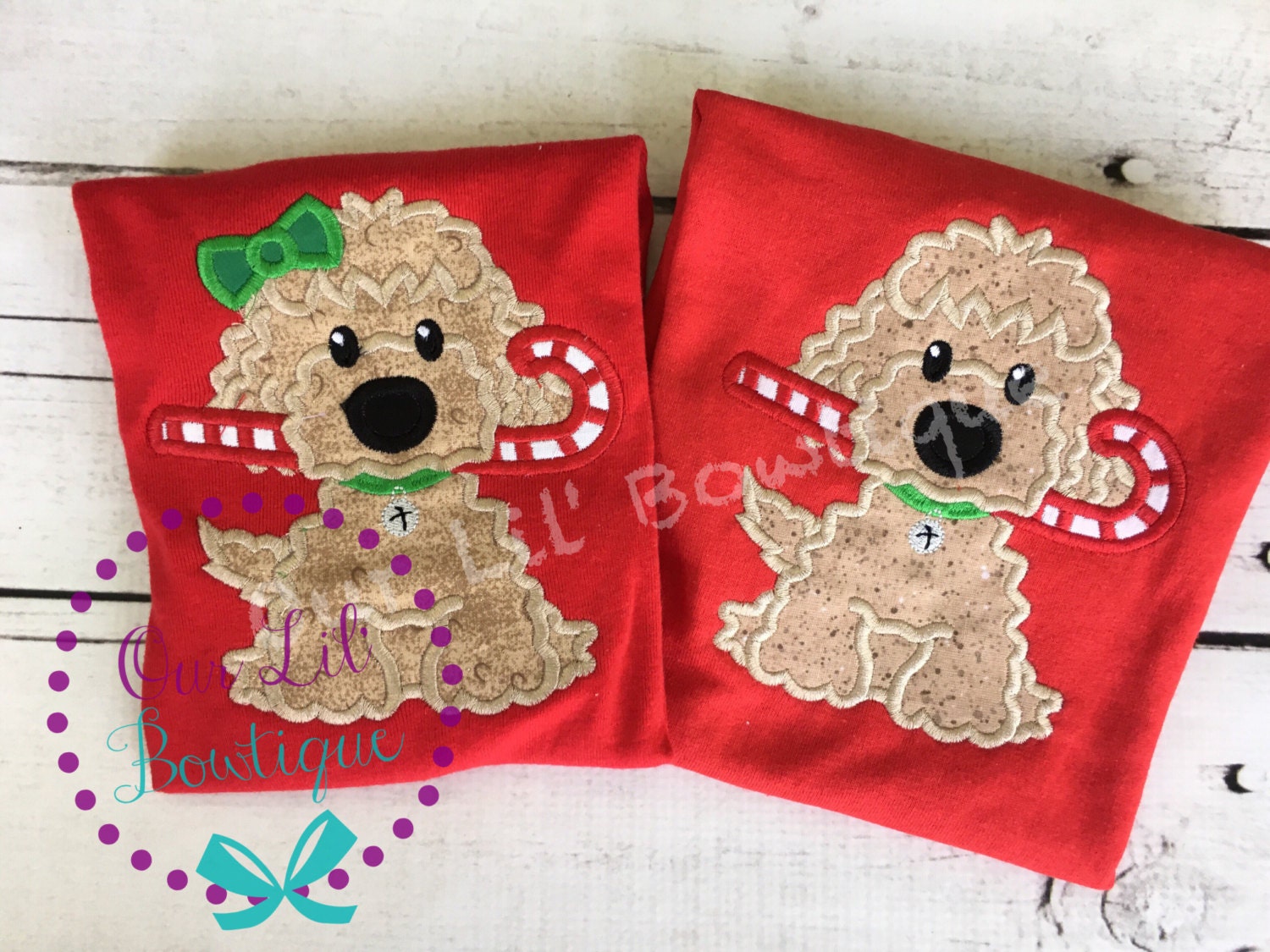 Candy Cane Dog Christmas Shirt: Appliqué Red Cotton Tee