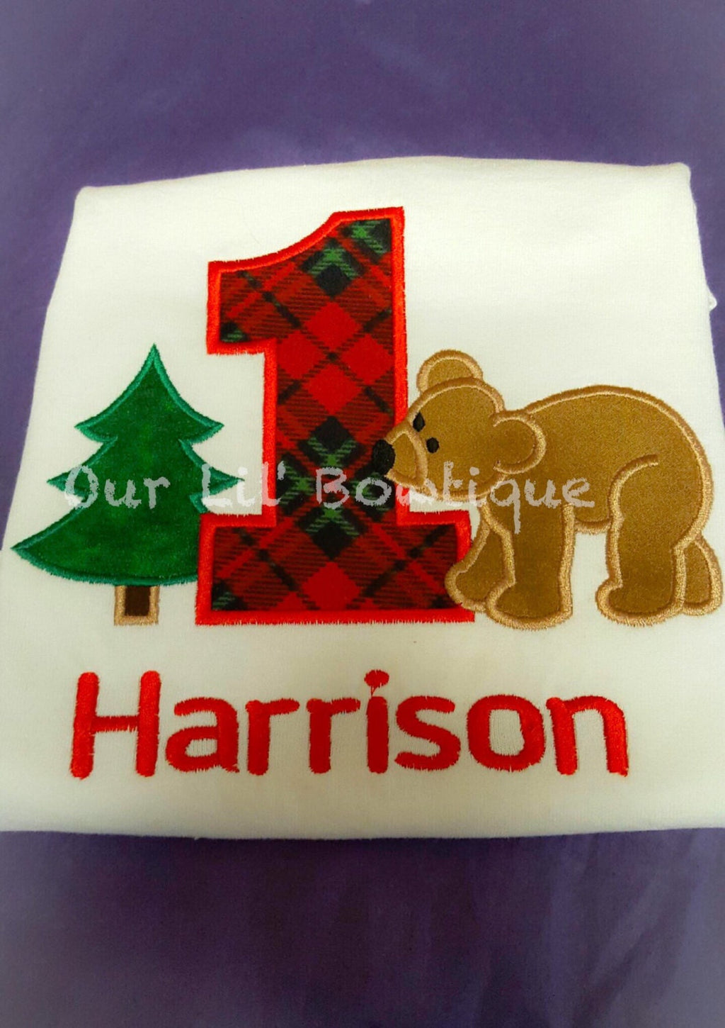 Woodland First Birthday Shirt: Lumberjack Bear, Red Plaid Number