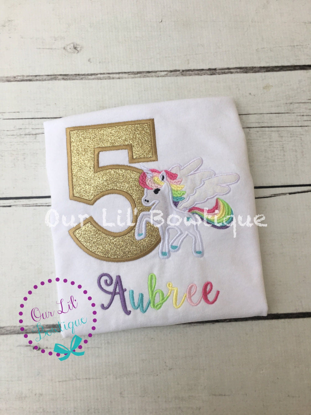 Personalized Unicorn Birthday Shirt: Gold Glitter Number, Rainbow Colors