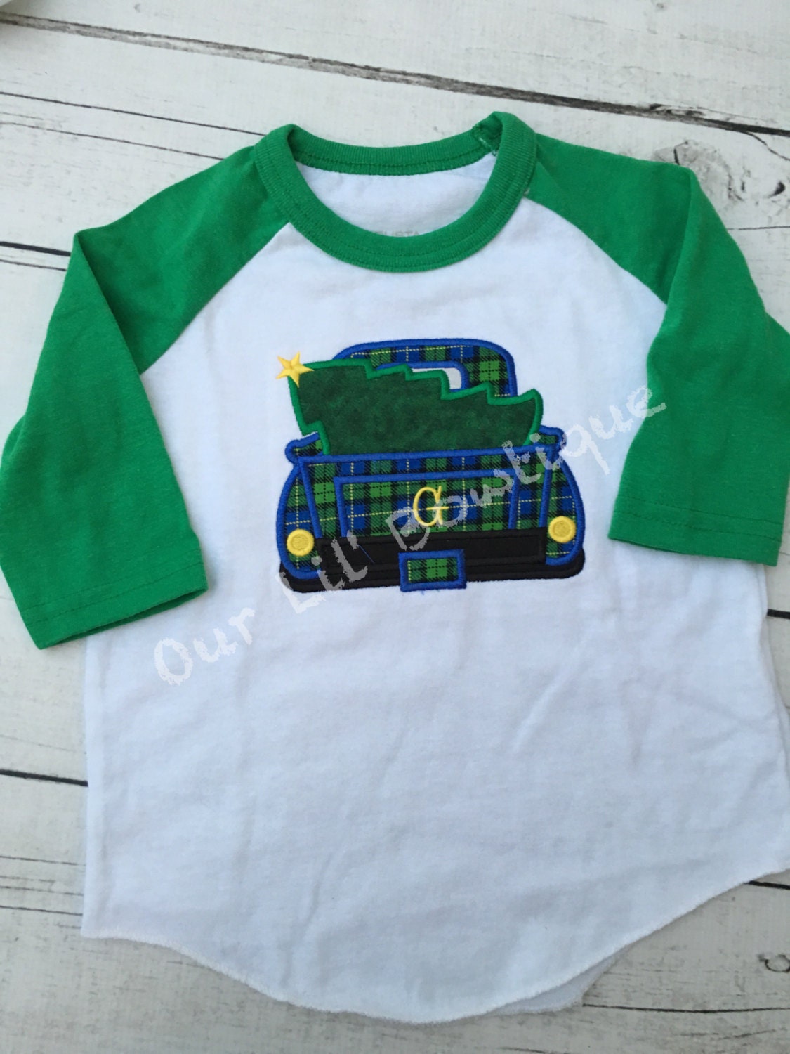 Personalized Christmas Tree Truck Appliqué Shirt - Green Raglan
