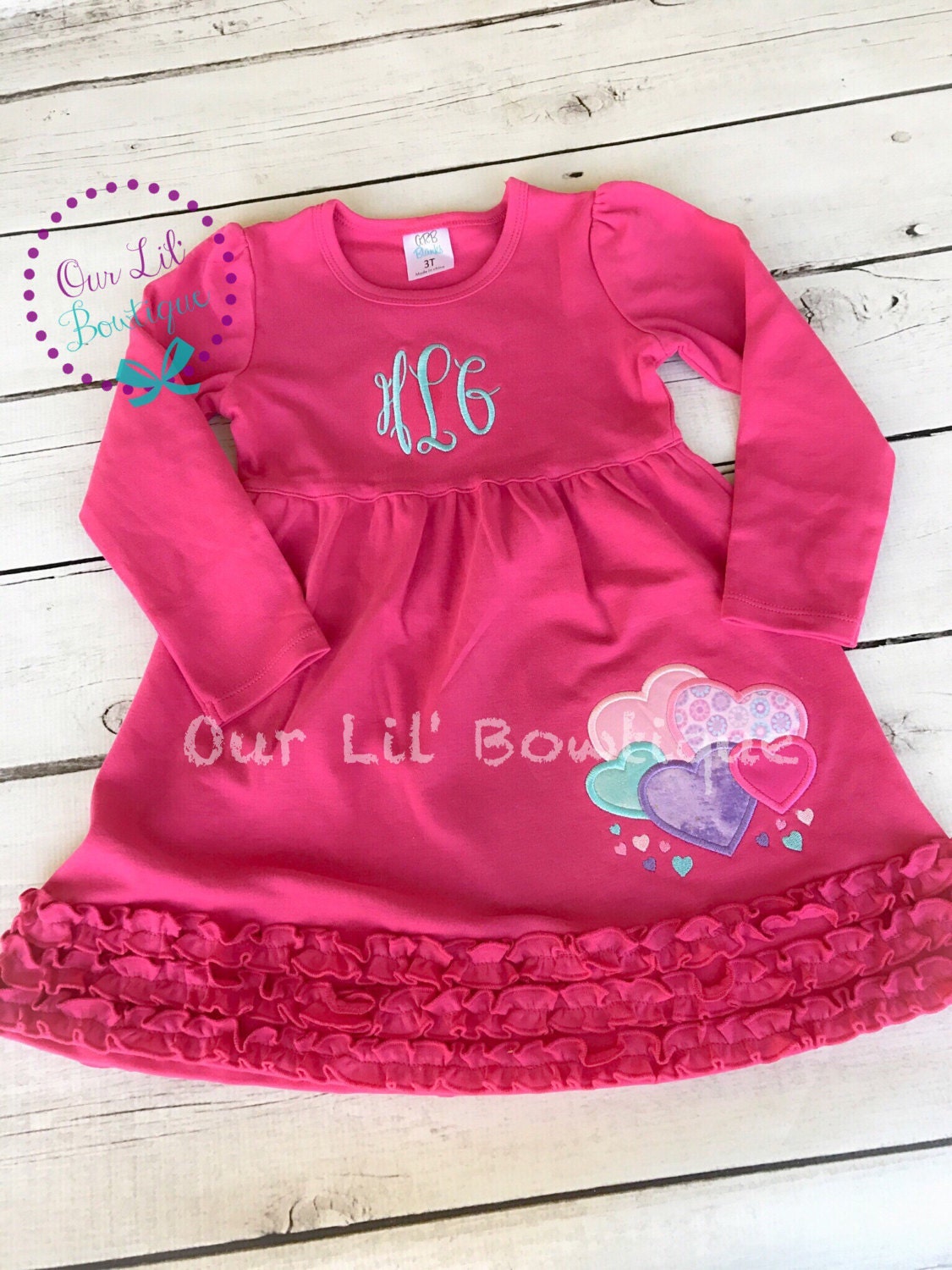 Valentine Heart Applique Dress: Girls Ruffle Sleeve Shirt