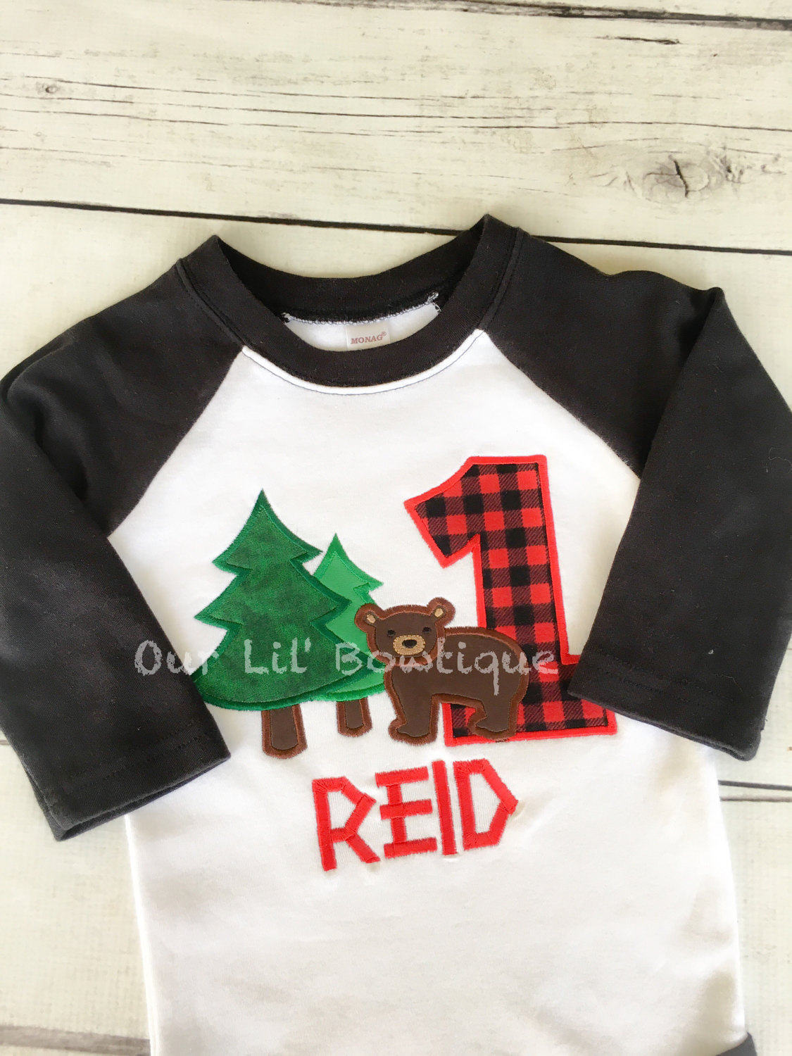 Woodland First Birthday Shirt: Lumberjack Bear, Red Plaid Number