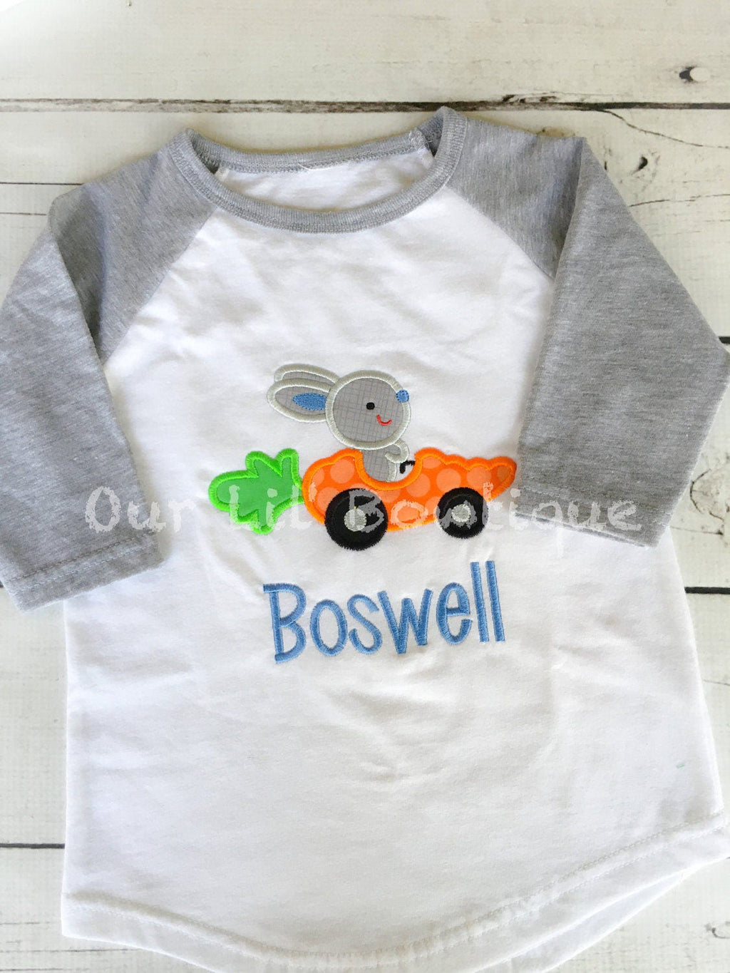 Personalized Easter Raglan Shirt: Bunny Carrot Car Appliqué