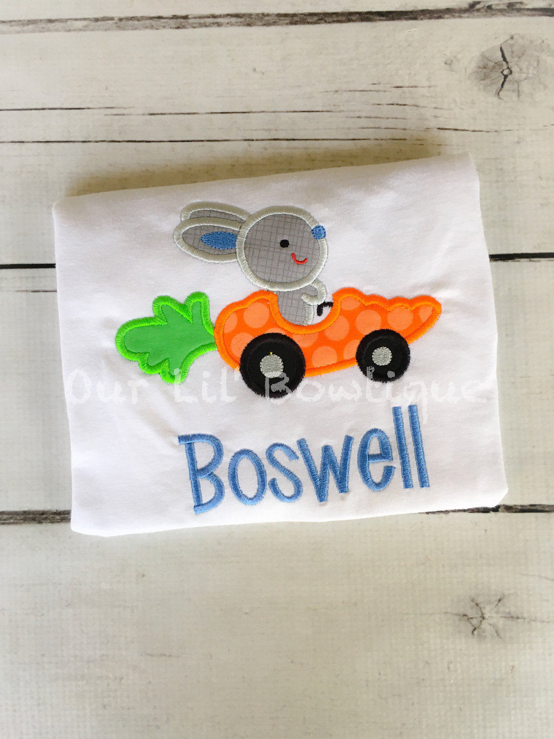 Personalized Easter Raglan Shirt: Bunny Carrot Car Appliqué