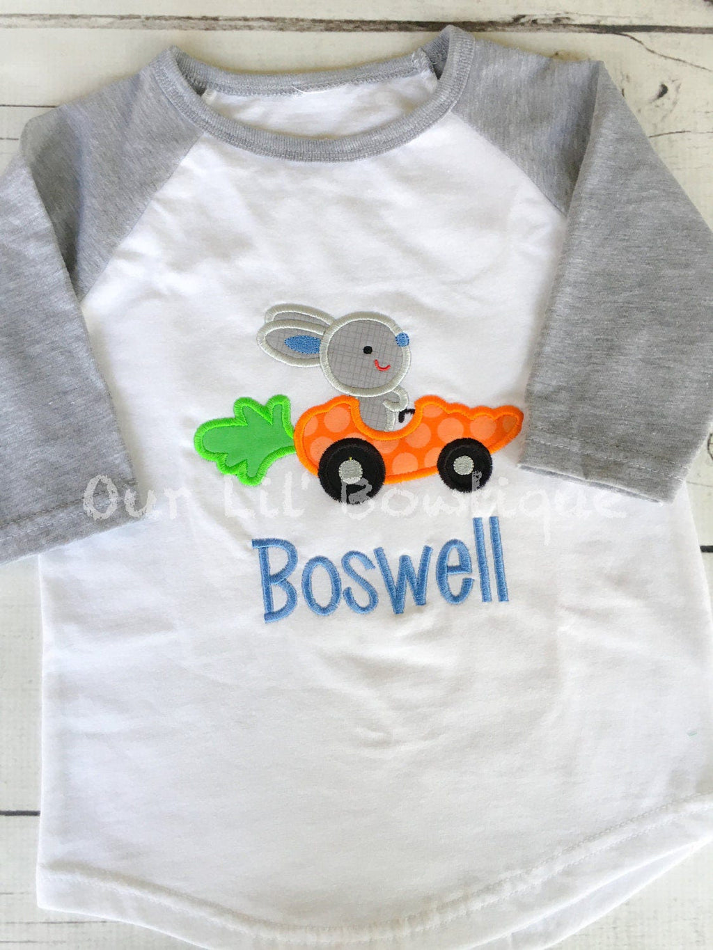 Personalized Easter Raglan Shirt: Bunny Carrot Car Appliqué