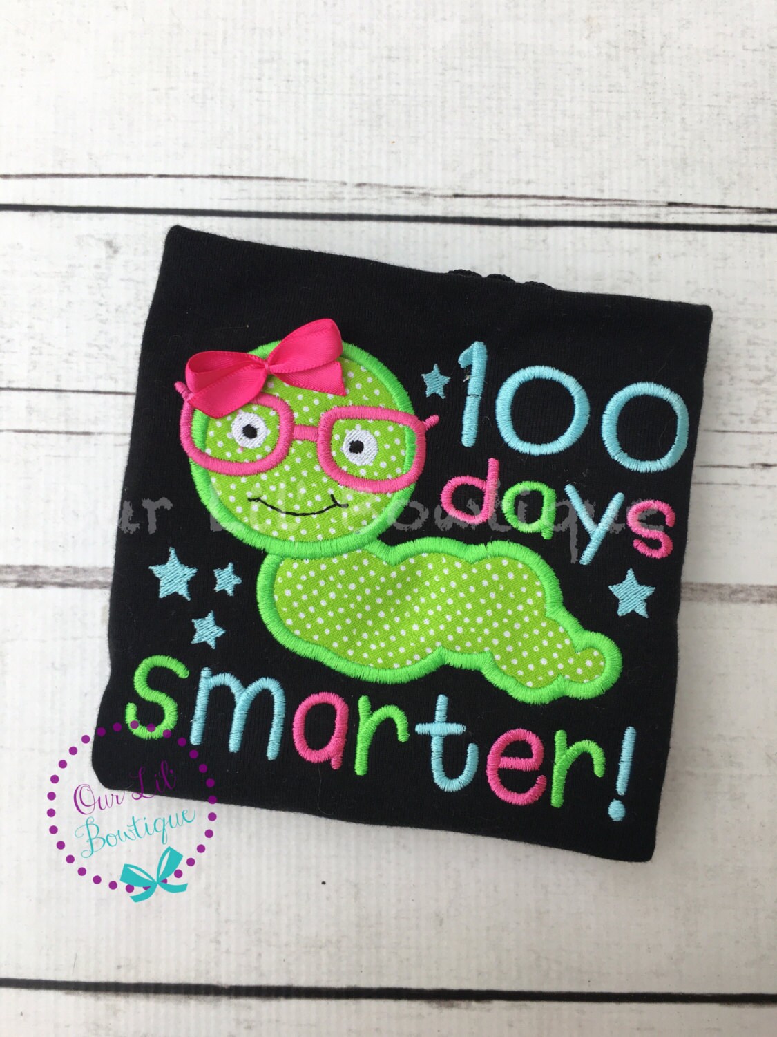 100th Day of School Shirt: Bookworm Appliqué, Girls School Tee