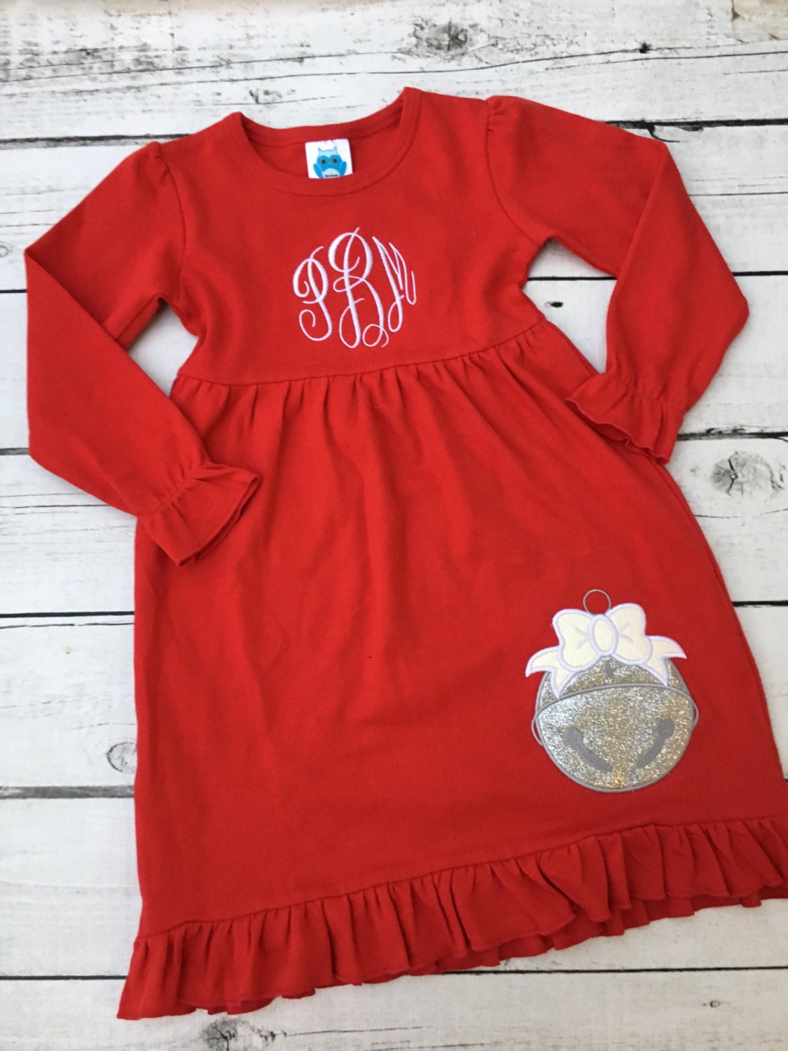 Personalized Christmas Dress: Bell Applique, Monogrammed Holiday Outfit