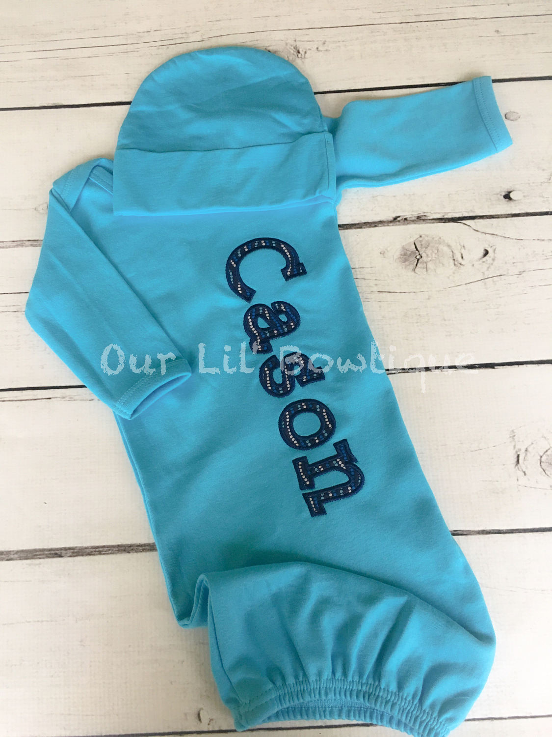 New Baby Gift Set - Personalized Gown, Hat and Burp Cloth, Newborn Gown, Going Home Outfit, Baby Shower Gift - Boy Gift Set - Turquoise Gown