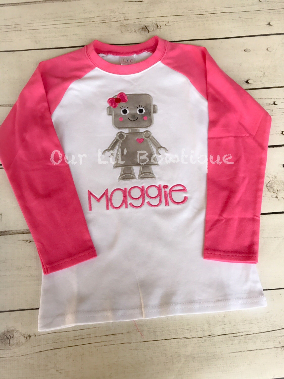 Girls Valentine Robot Shirt: Personalized Applique Raglan