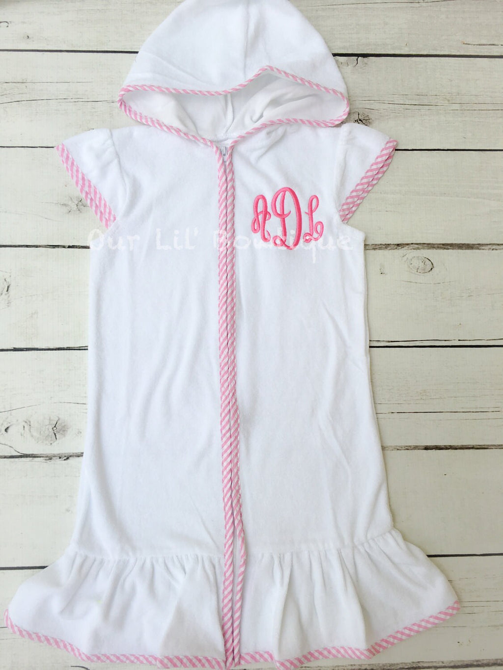 Personalized Terry Cloth Girl's Cover-Up: Pink Seersucker Trim, Monogrammed