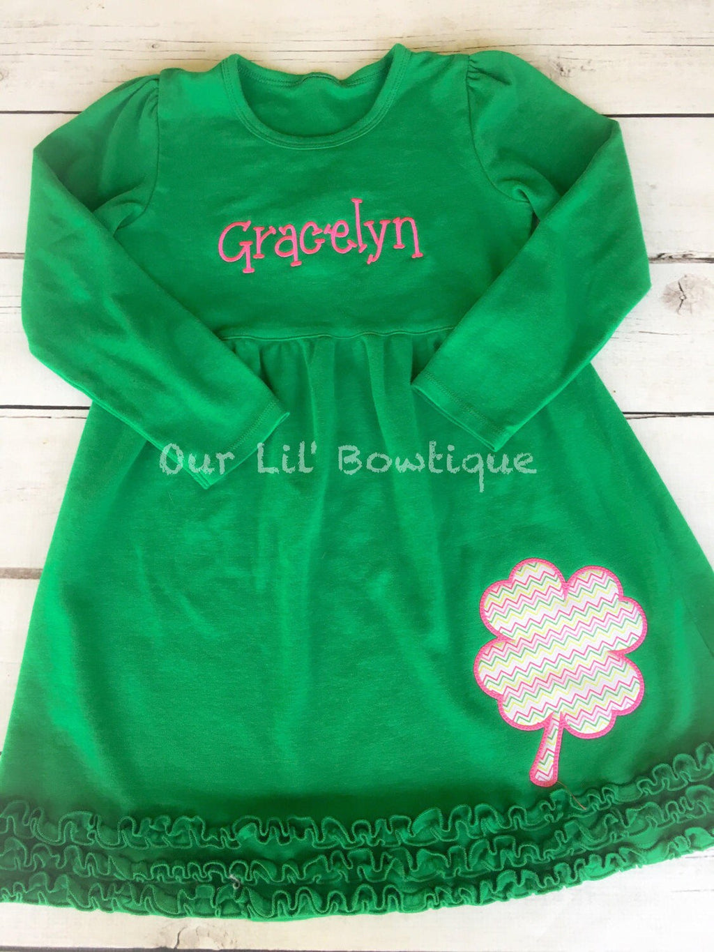 Girls St. Patrick's Day Dress: Four Leaf Clover Applique, Monogram Option