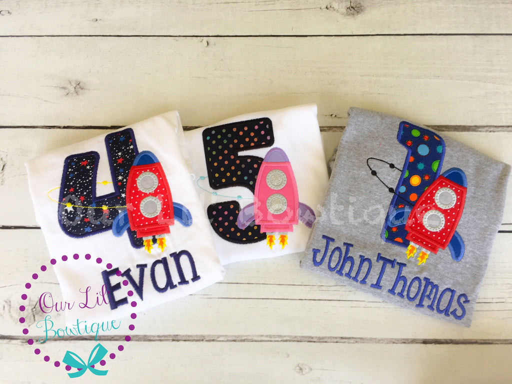 Rocket Ship Birthday Shirt: Embroidered Space Party Tee