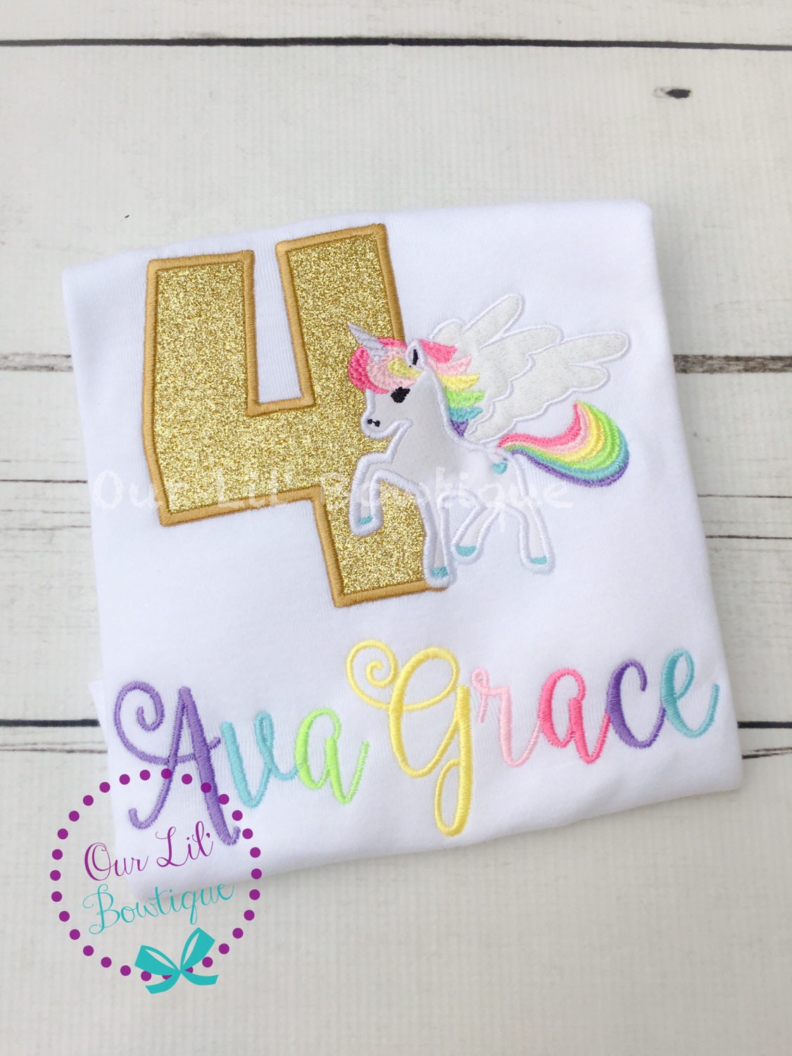 Personalized Unicorn Birthday Shirt: Gold Glitter Number, Rainbow Colors