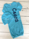 New Baby Gift Set - Personalized Gown, Hat and Burp Cloth, Newborn Gown, Going Home Outfit, Baby Shower Gift - Boy Gift Set - Turquoise Gown