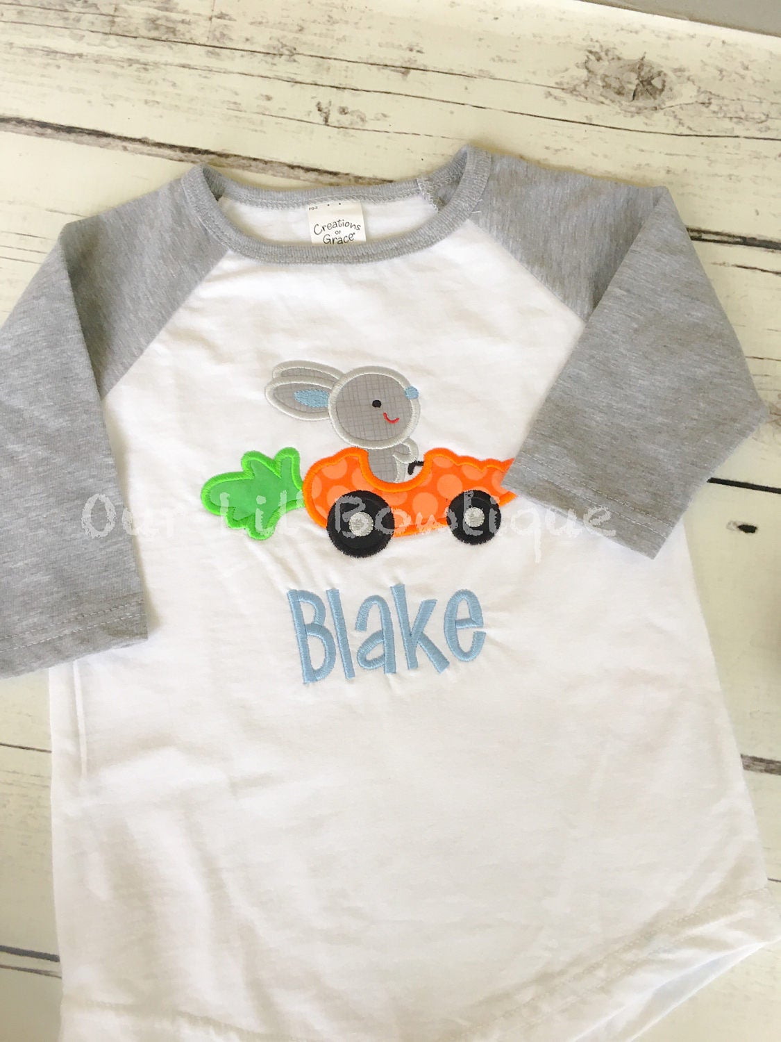 Personalized Easter Raglan Shirt: Bunny Carrot Car Appliqué