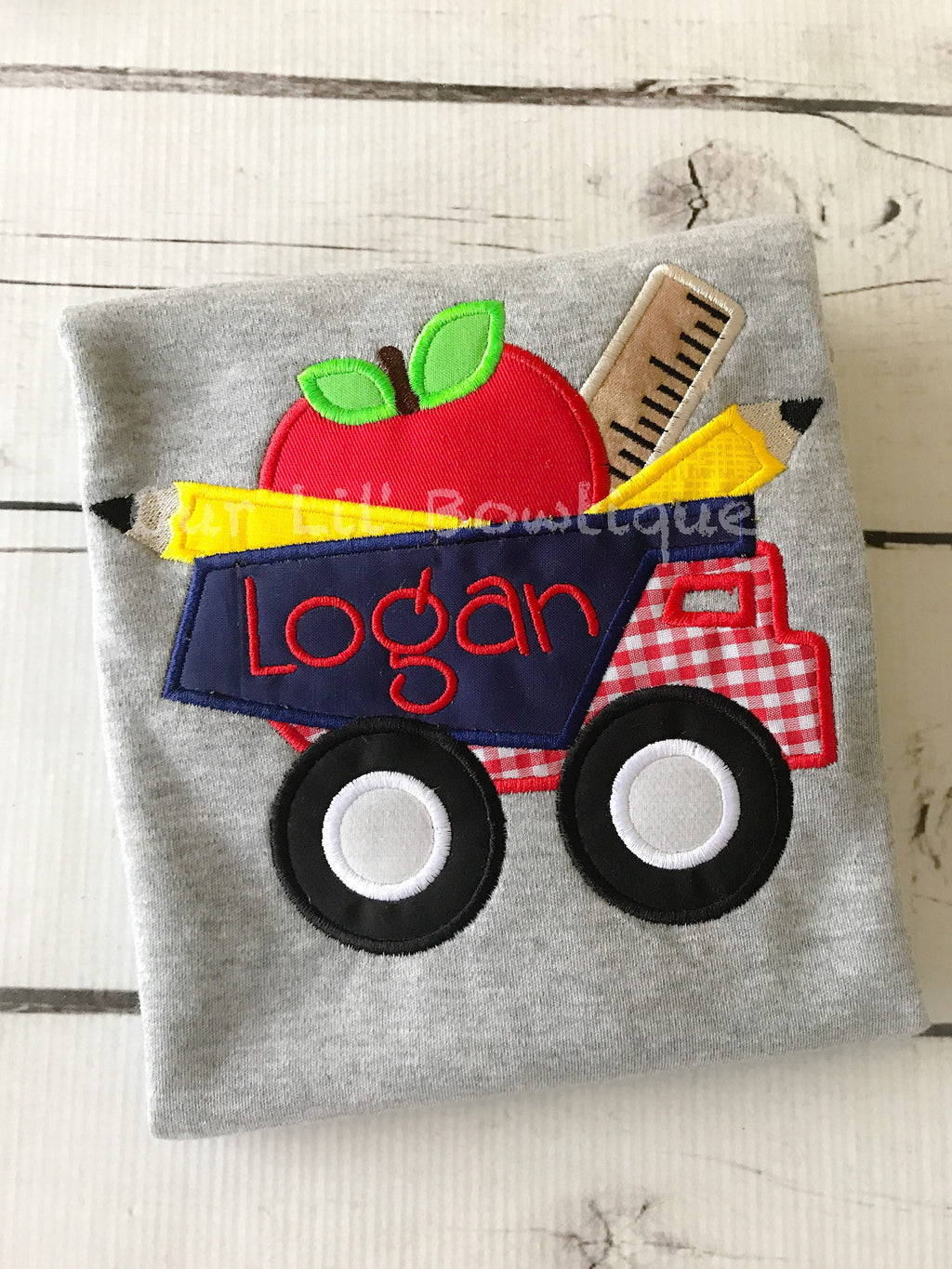 Personalized Back to School Truck Shirt: Embroidered School Supplies Applique