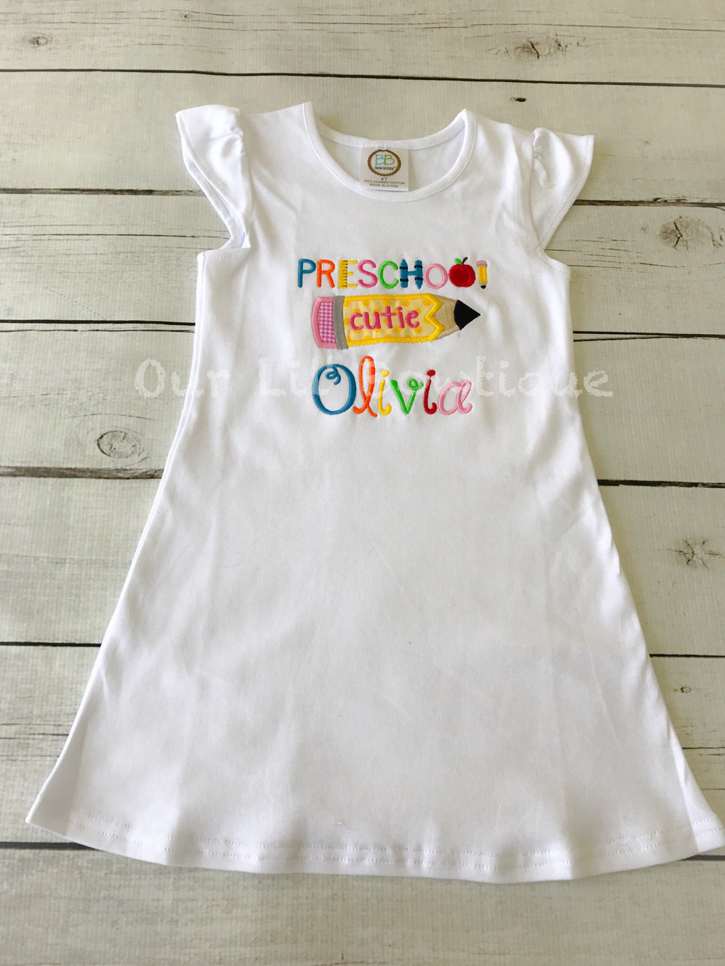 Embroidered Back to School Dress: Kindergarten Cutie Pencil Applique