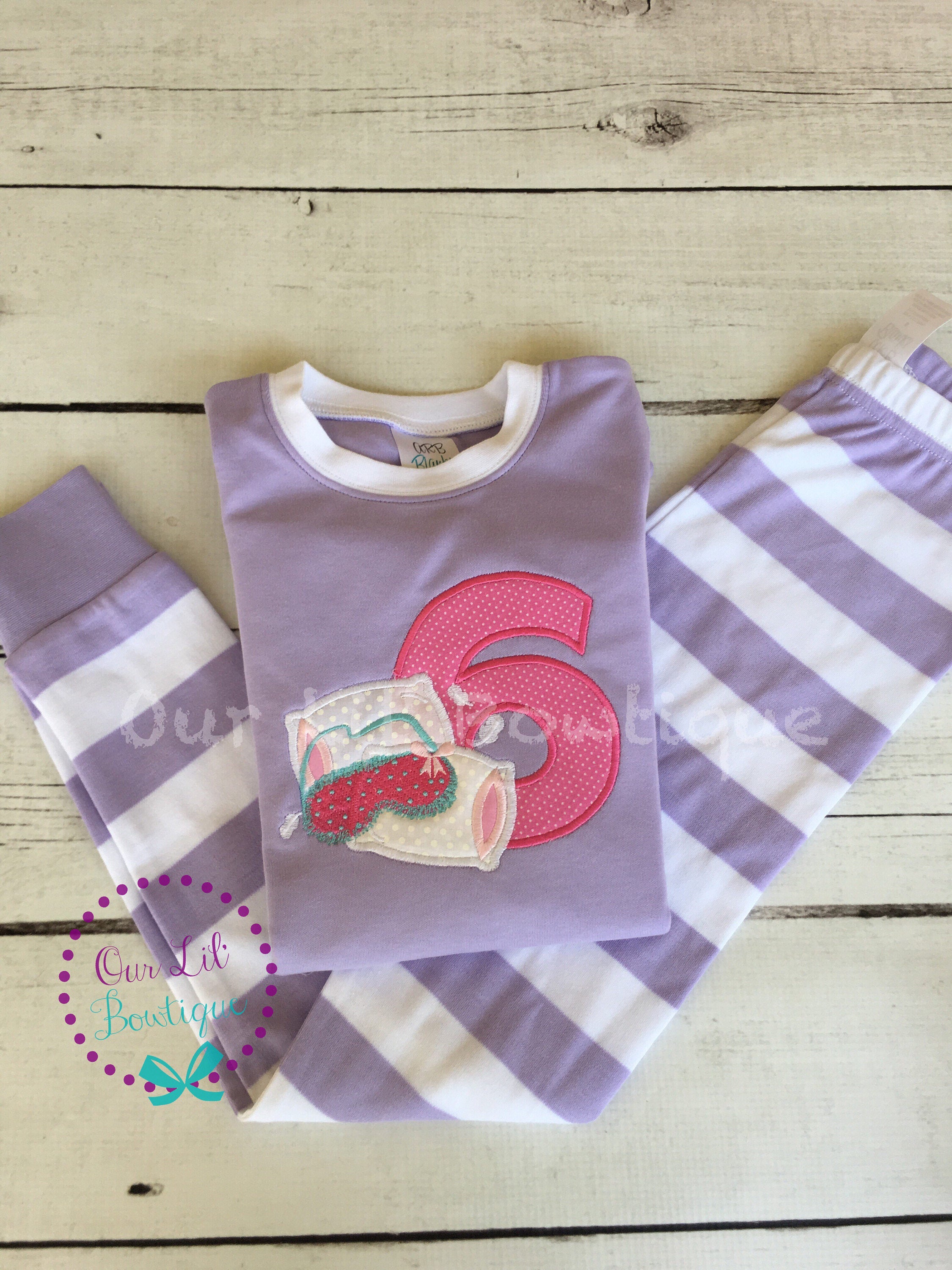 Personalized Sleepover Birthday Outfit: Appliqued Shirt & Striped Pants