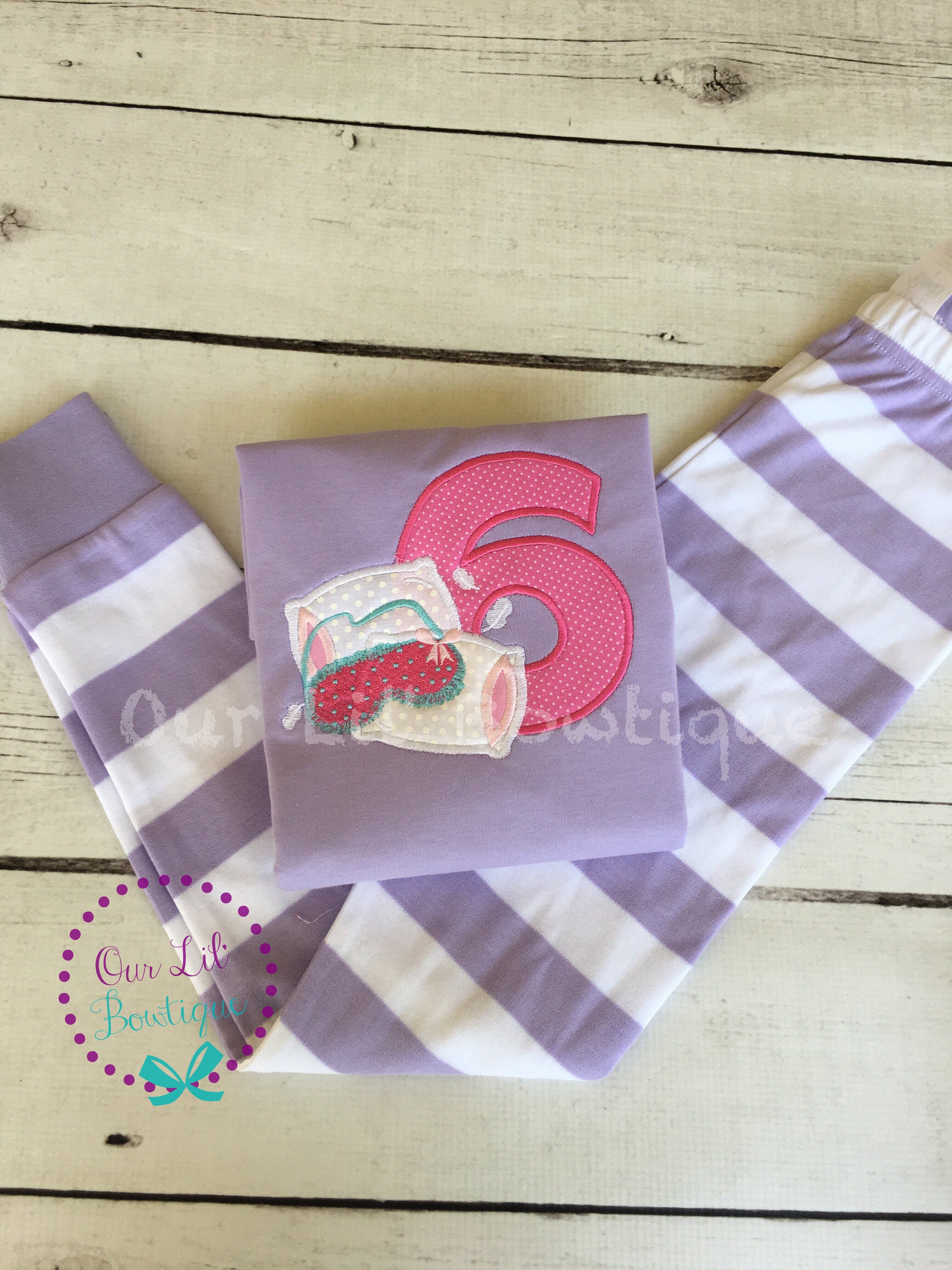 Personalized Sleepover Birthday Outfit: Appliqued Shirt & Striped Pants
