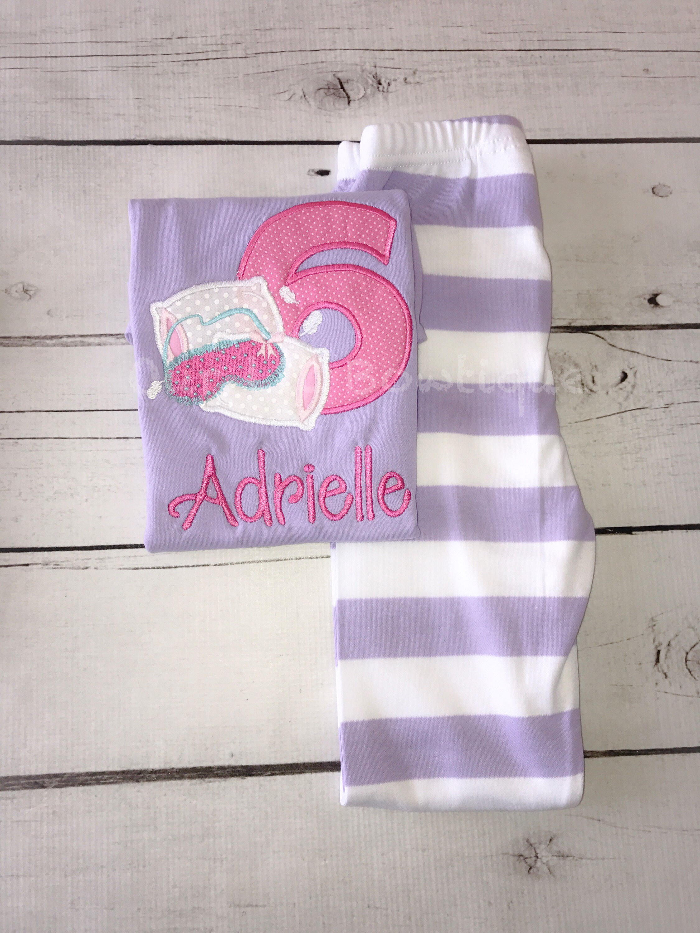 Personalized Sleepover Birthday Outfit: Appliqued Shirt & Striped Pants