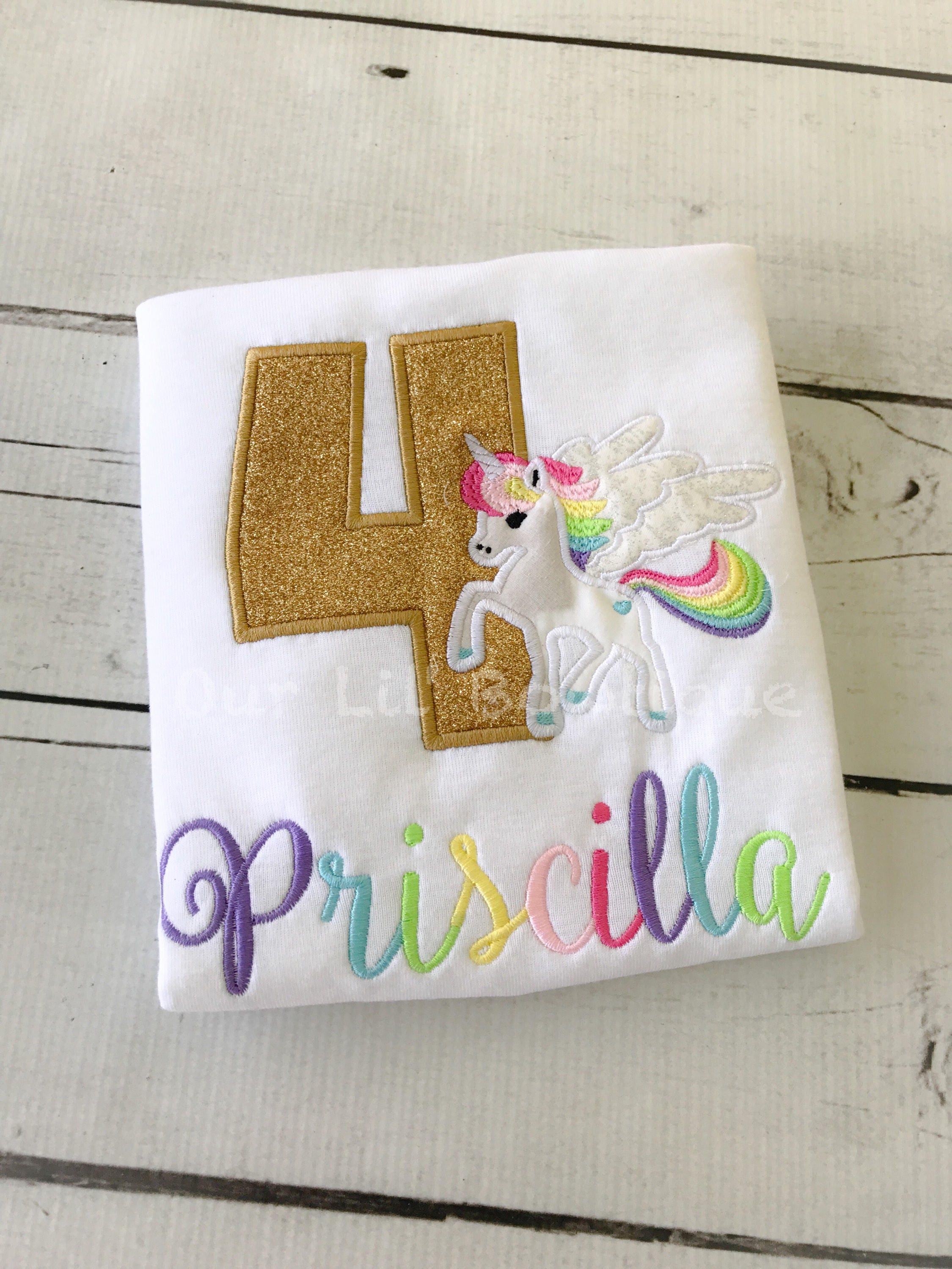 Personalized Unicorn Birthday Shirt: Gold Glitter Number, Rainbow Colors