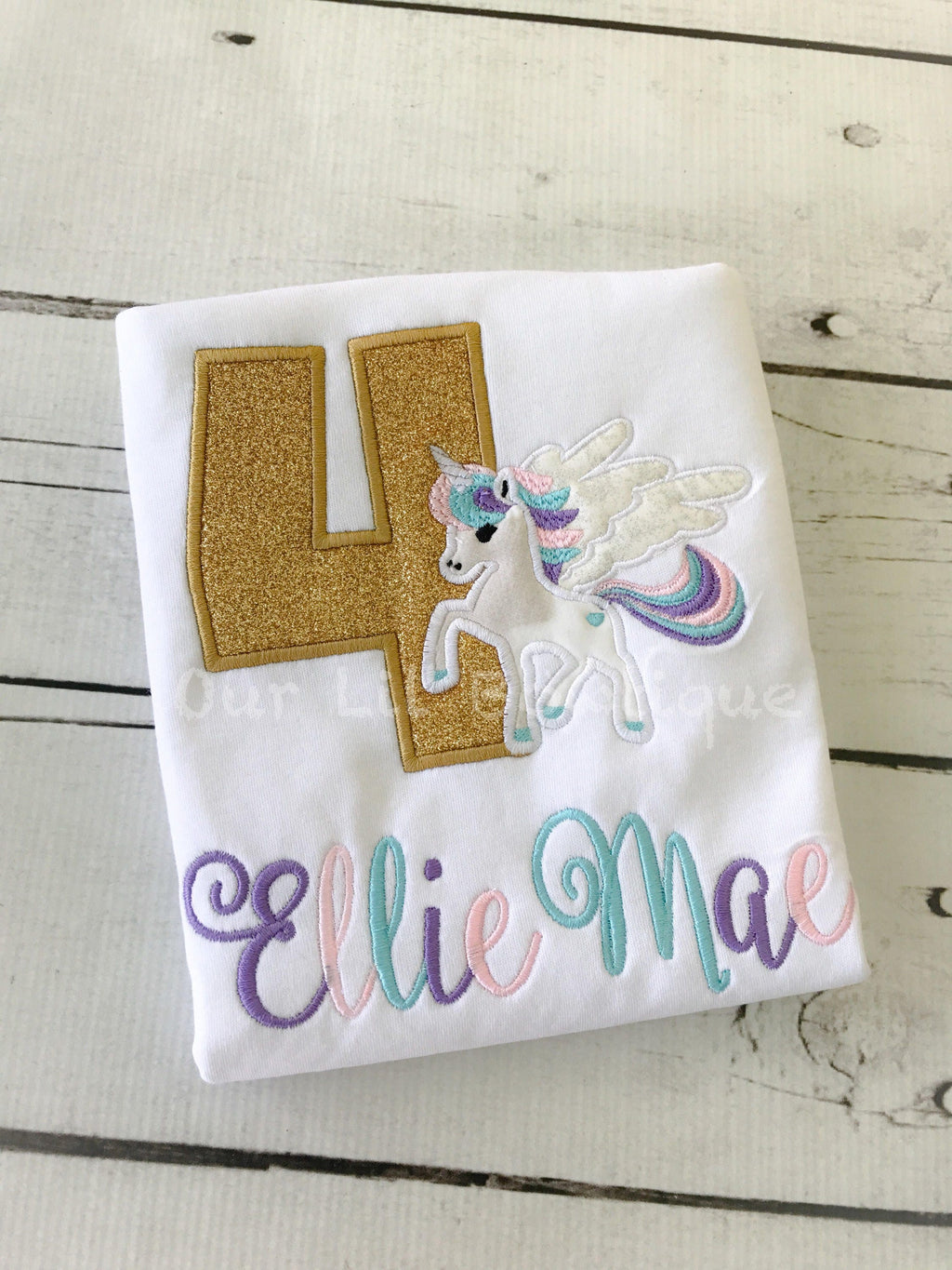 Personalized Unicorn Birthday Shirt: Gold Glitter Number, Rainbow Colors