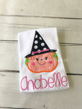 Girls Halloween Shirt: Pumpkin Witch Appliqué, Ruffle Sleeve