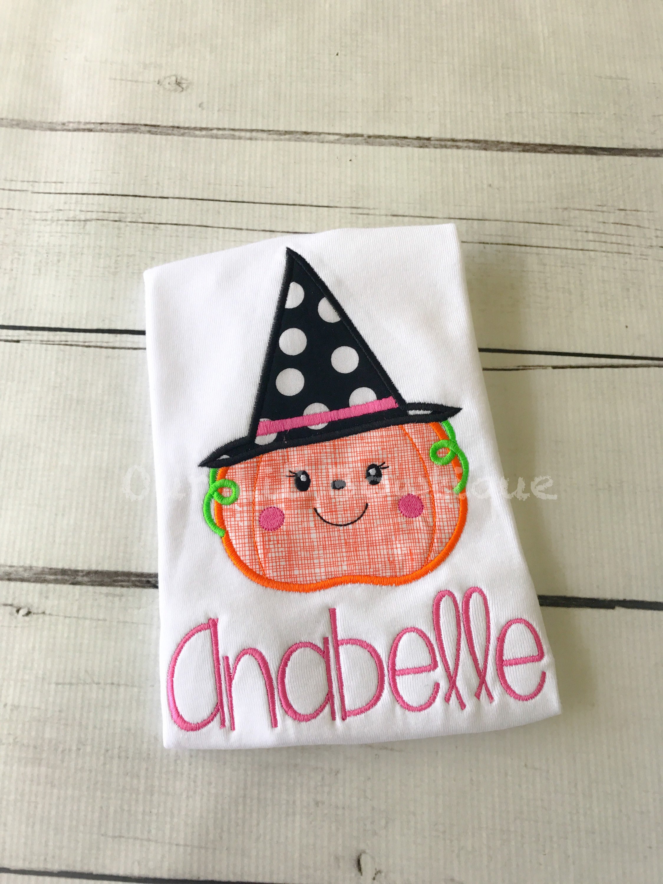 Girls Halloween Shirt: Pumpkin Witch Appliqué, Ruffle Sleeve