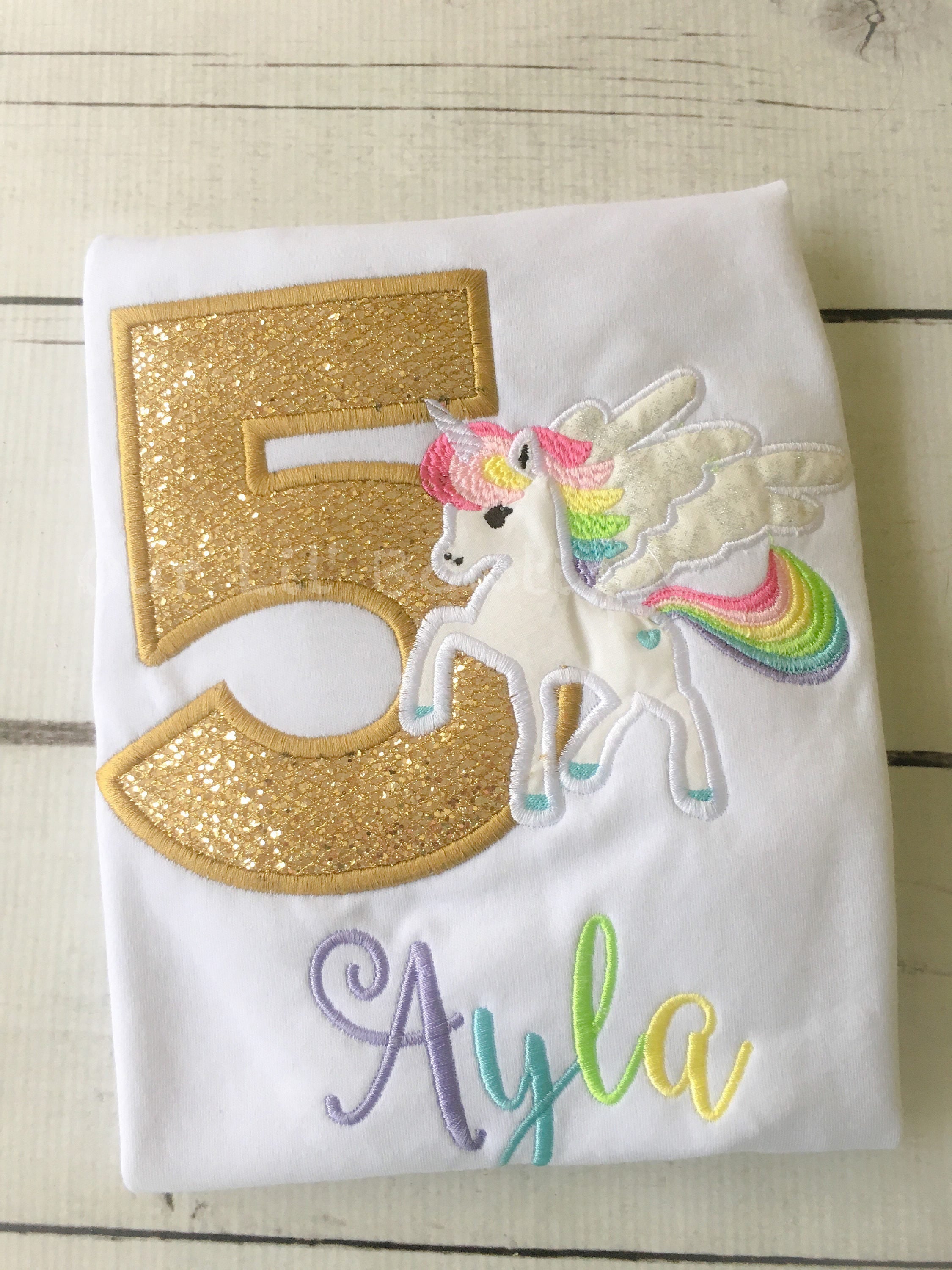 Personalized Unicorn Birthday Shirt: Gold Glitter Number, Rainbow Colors