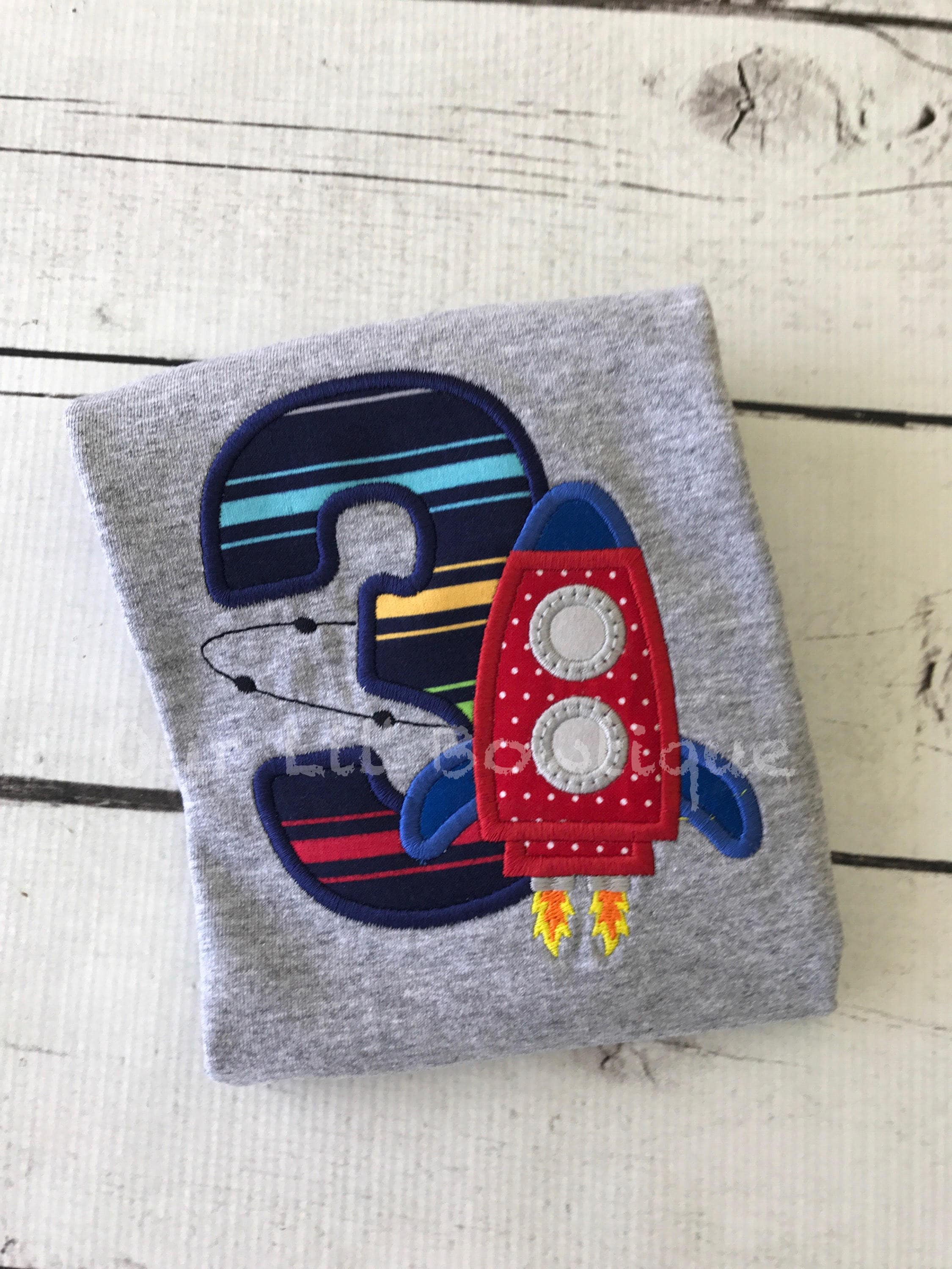 Rocket Ship Birthday Shirt: Embroidered Space Theme, Custom Age
