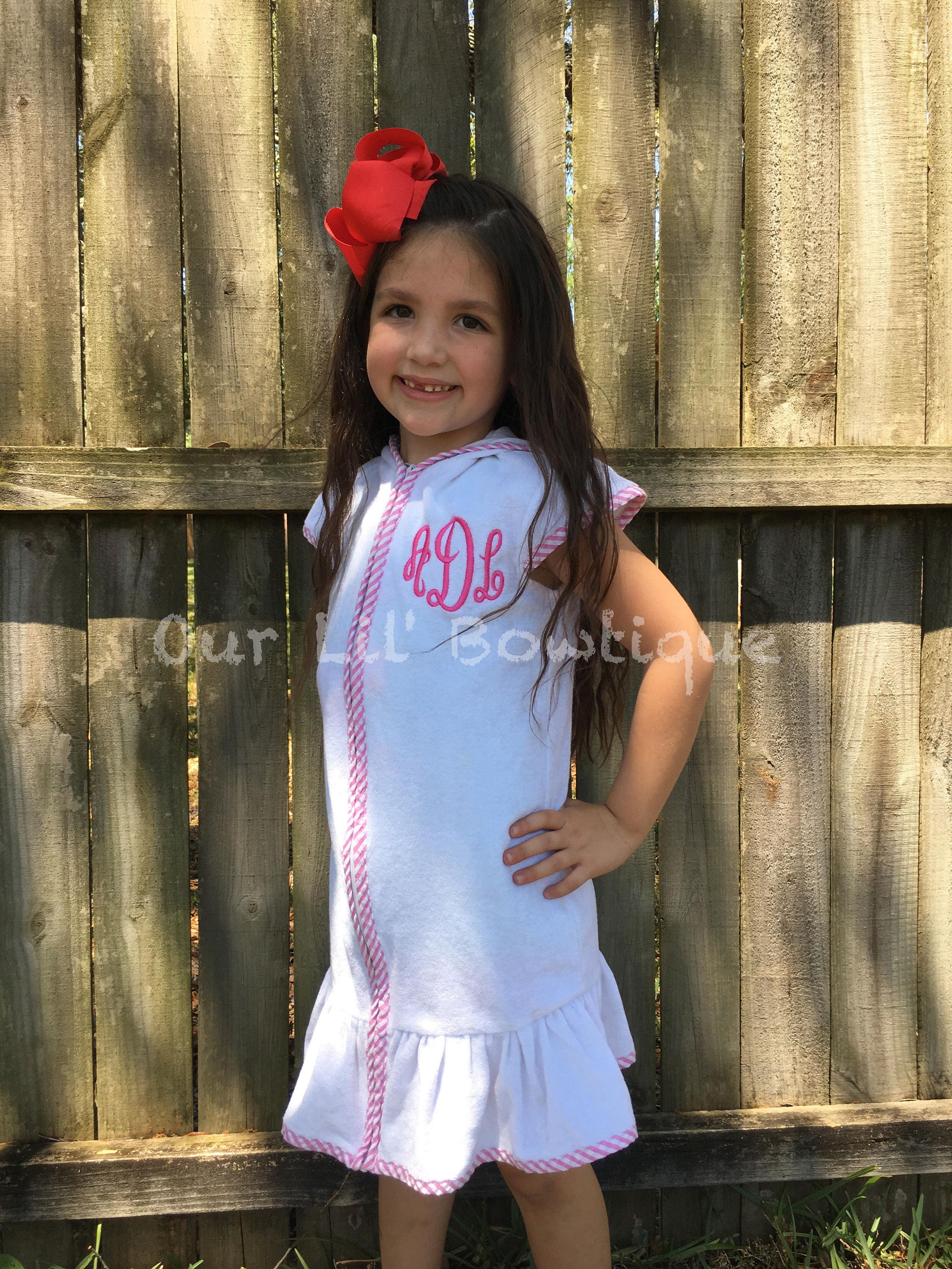 Personalized Terry Cloth Girl's Cover-Up: Pink Seersucker Trim, Monogrammed