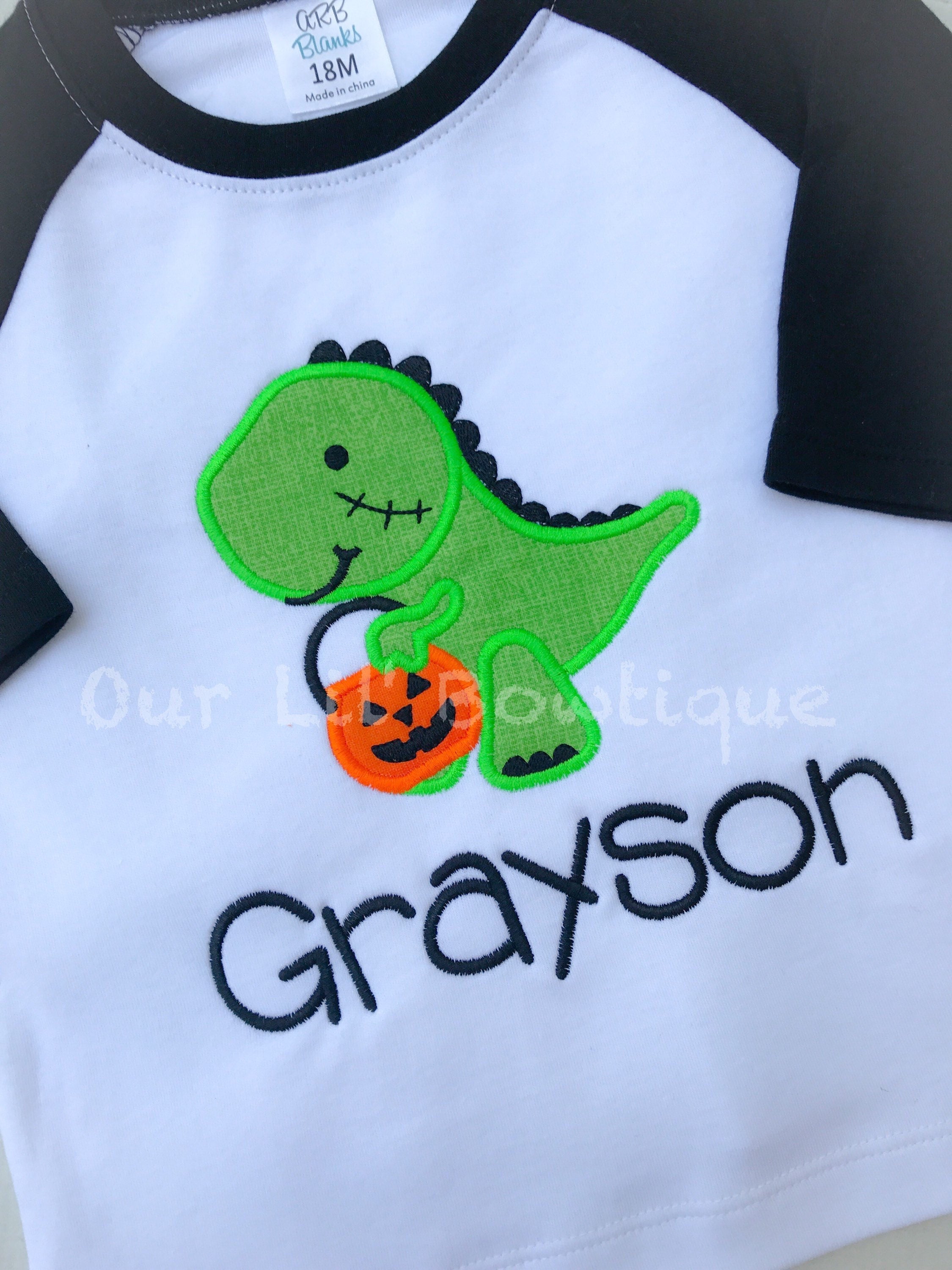 Boys Halloween Raglan Shirt: Dinosaur Applique with Pumpkin