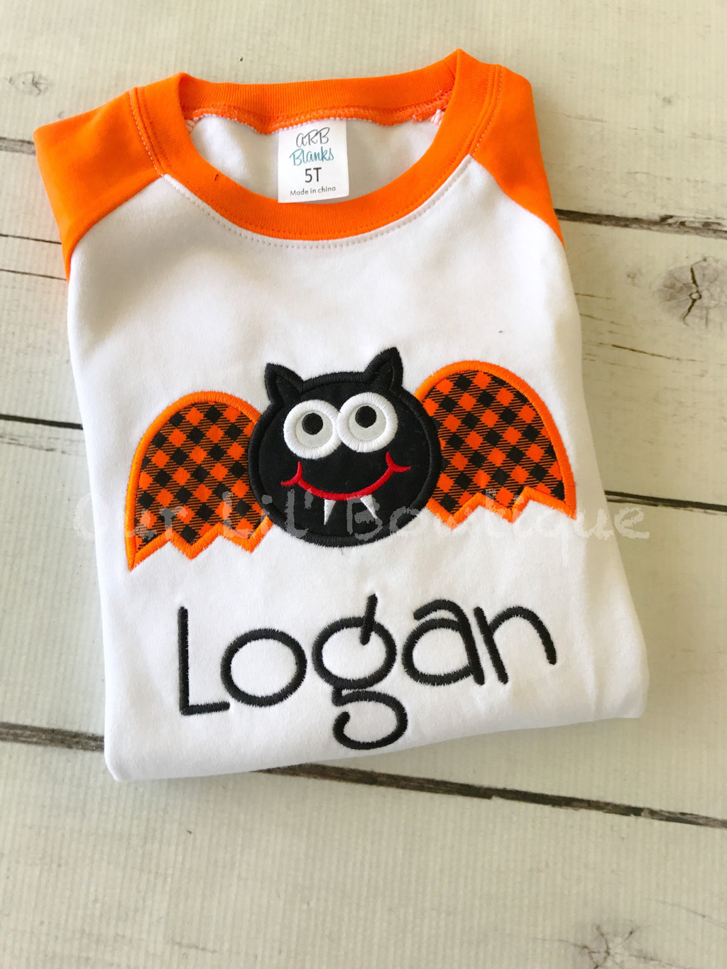 Boys Halloween Raglan Shirt: Bat Applique, Personalized Name