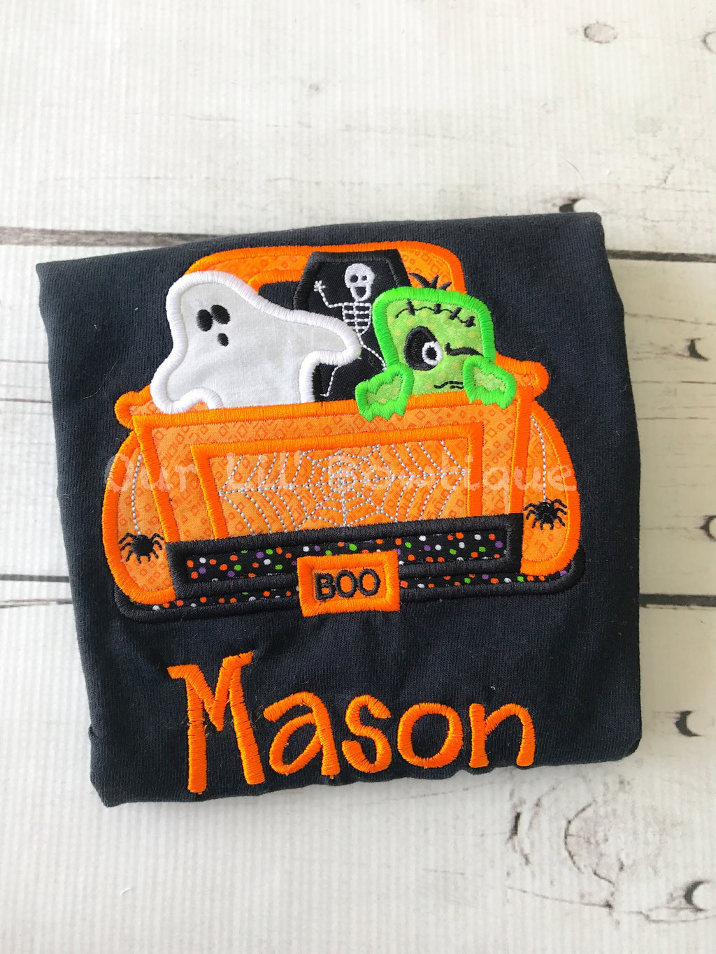 Personalized Halloween Raglan Shirt: Embroidered Ghost Truck Applique