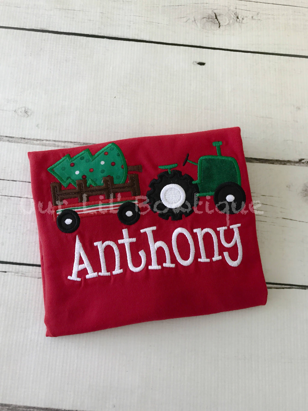 Personalized Christmas Tractor Shirt: Appliqué Tree, Infant to Toddler