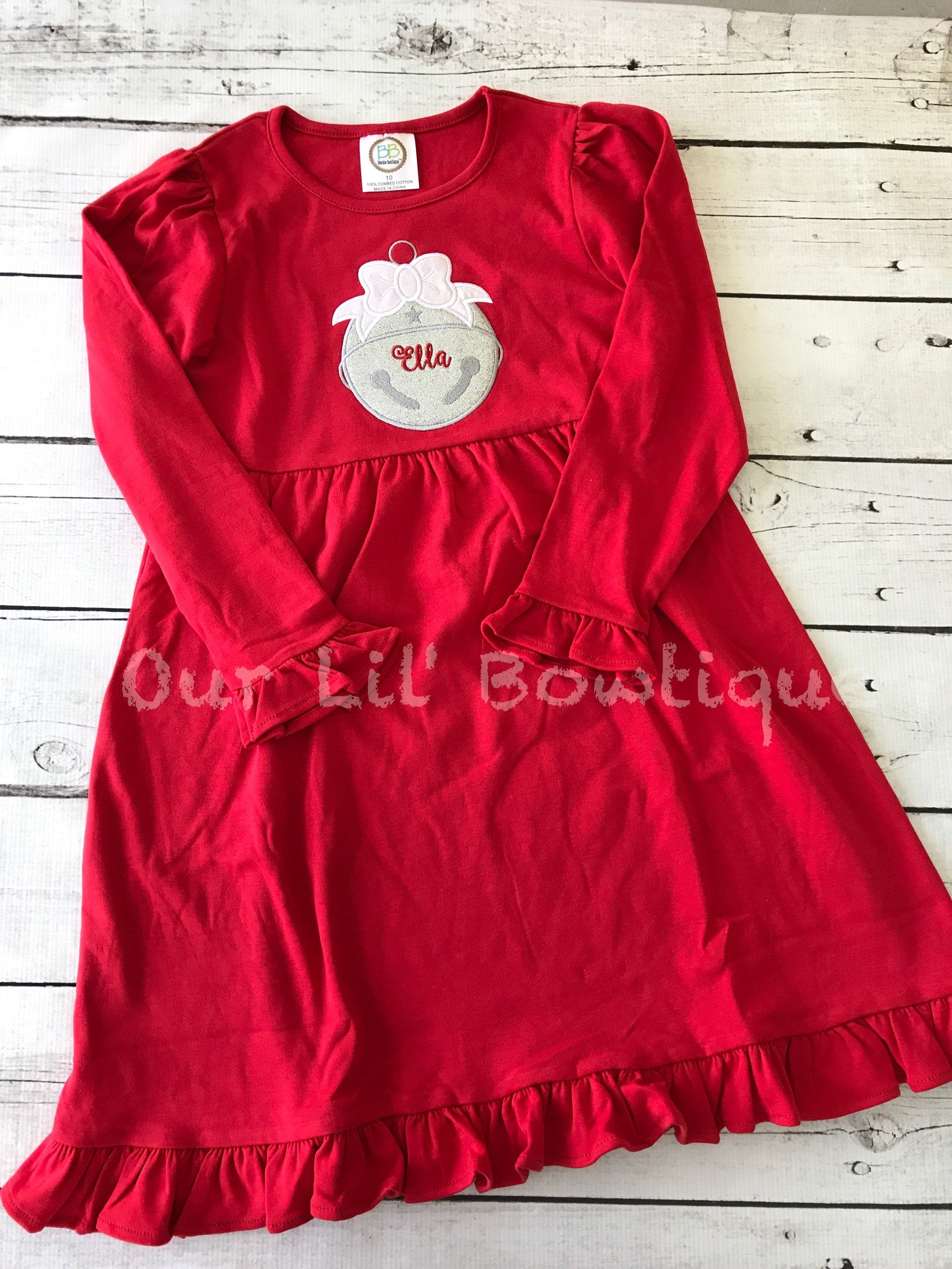 Personalized Christmas Dress: Bell Applique, Monogrammed Holiday Outfit