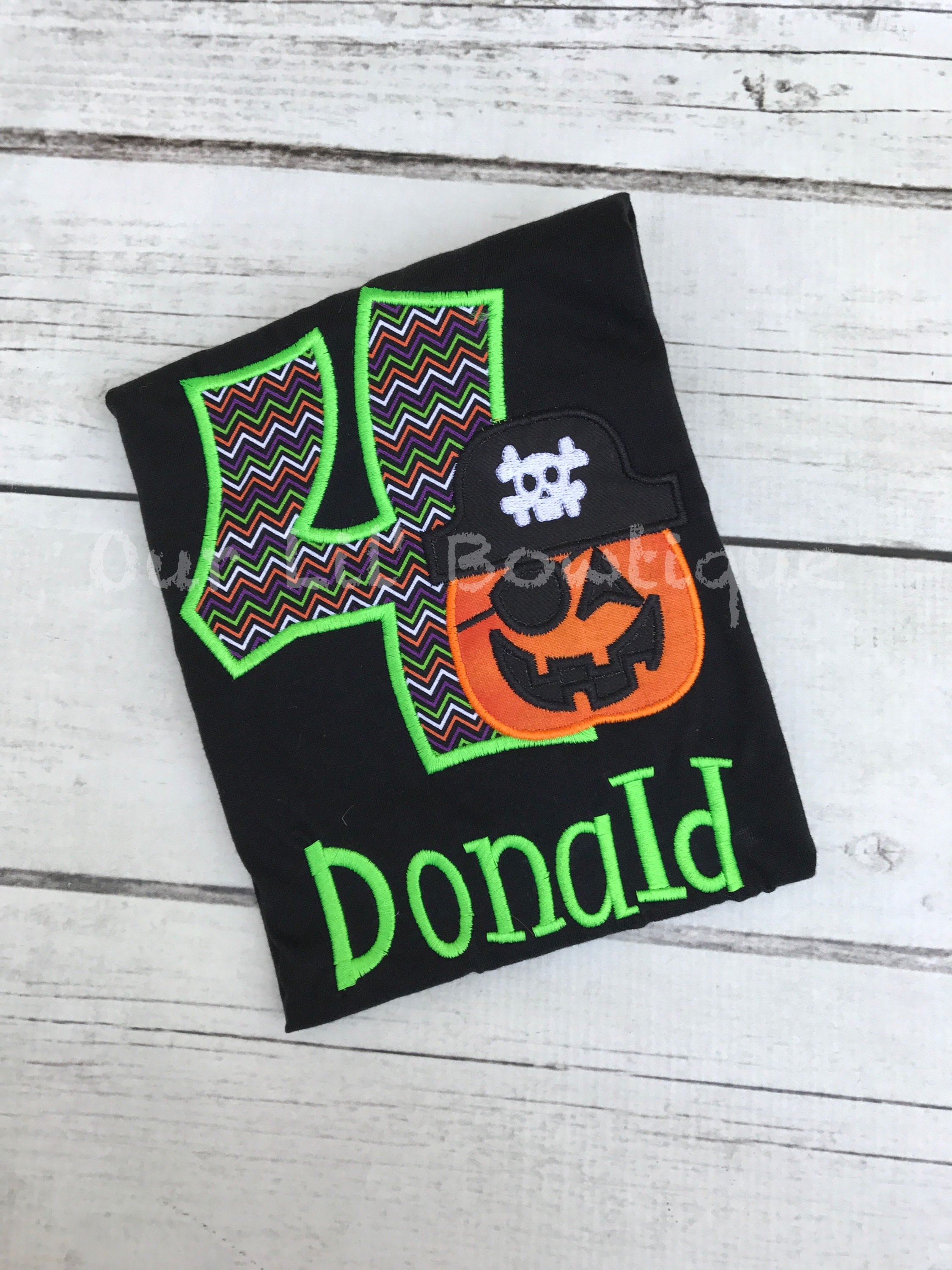 Personalized Halloween 1st Birthday Shirt: Pumpkin Pirate Appliqué